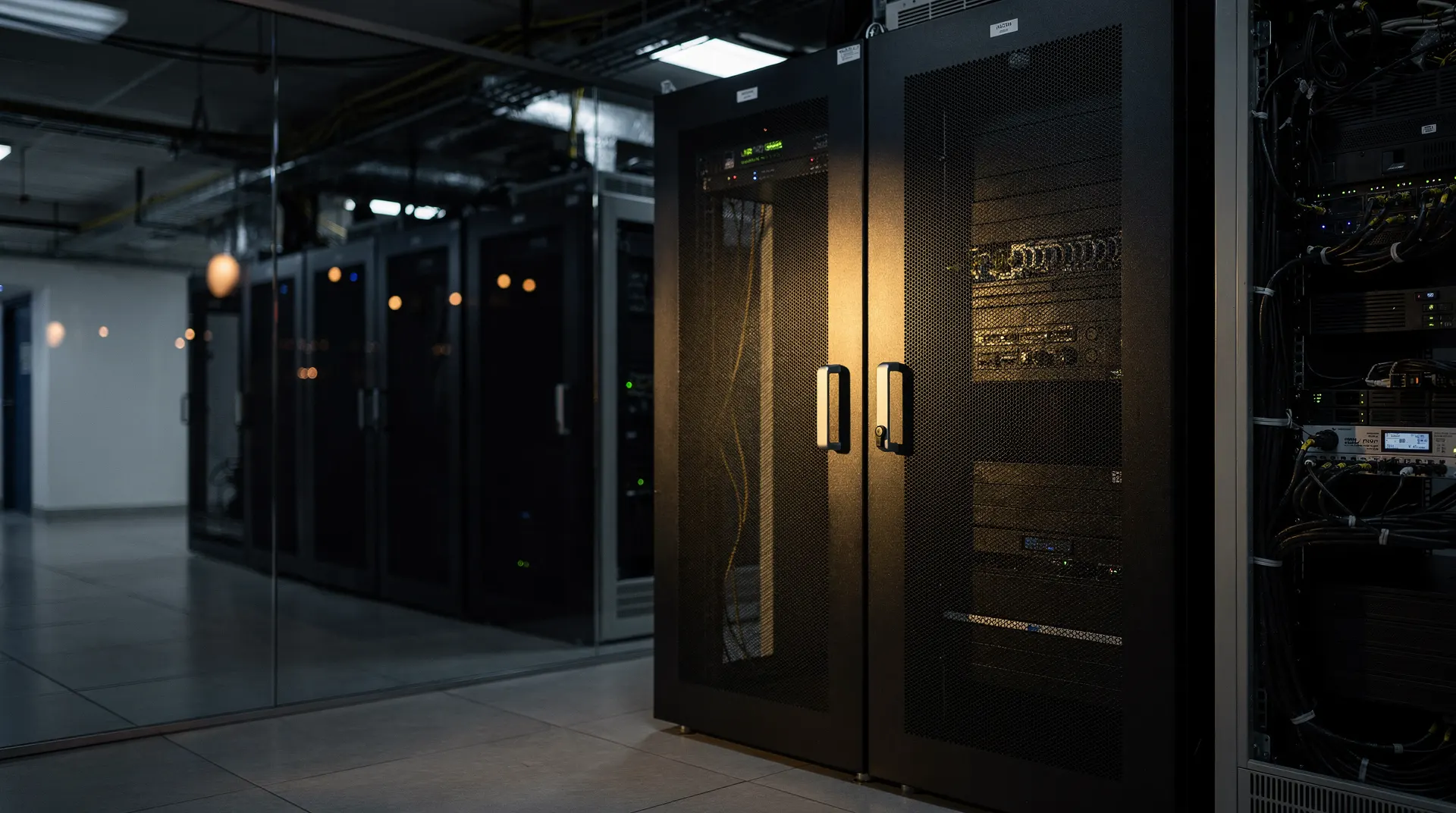 Unmarked server racks recede into a dim data center lit by a faint evening glow.