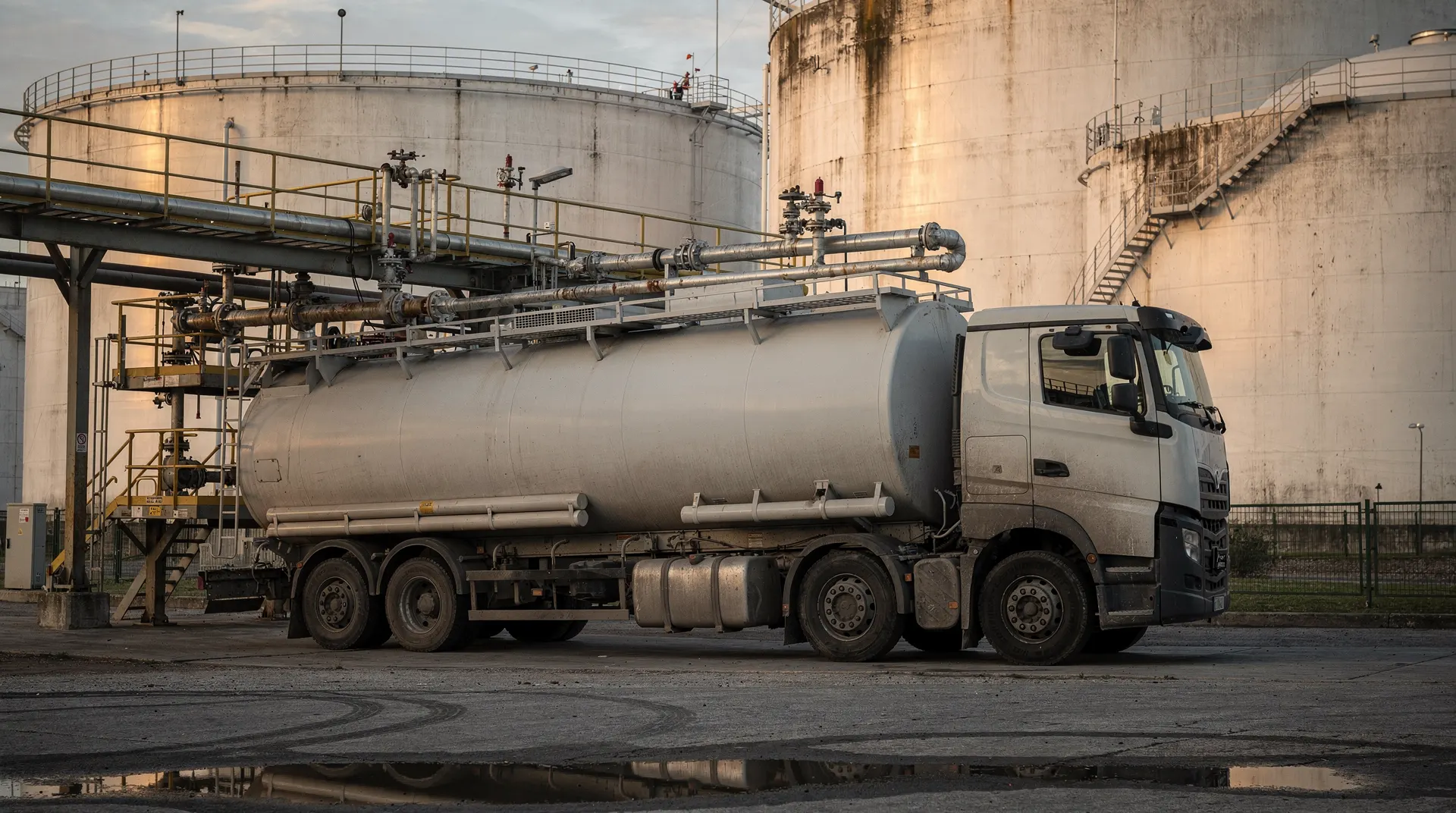 An unmarked tanker truck stands beside loading pipes and storage tanks at a fuel depot.