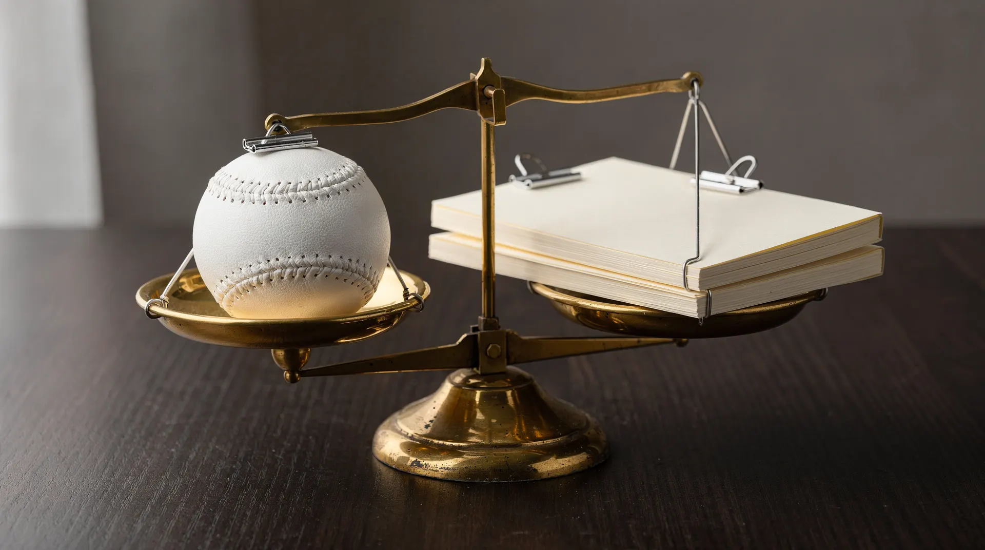 A plain baseball and blank clipped paper folios sit on opposite pans of a nearly level brass balance.