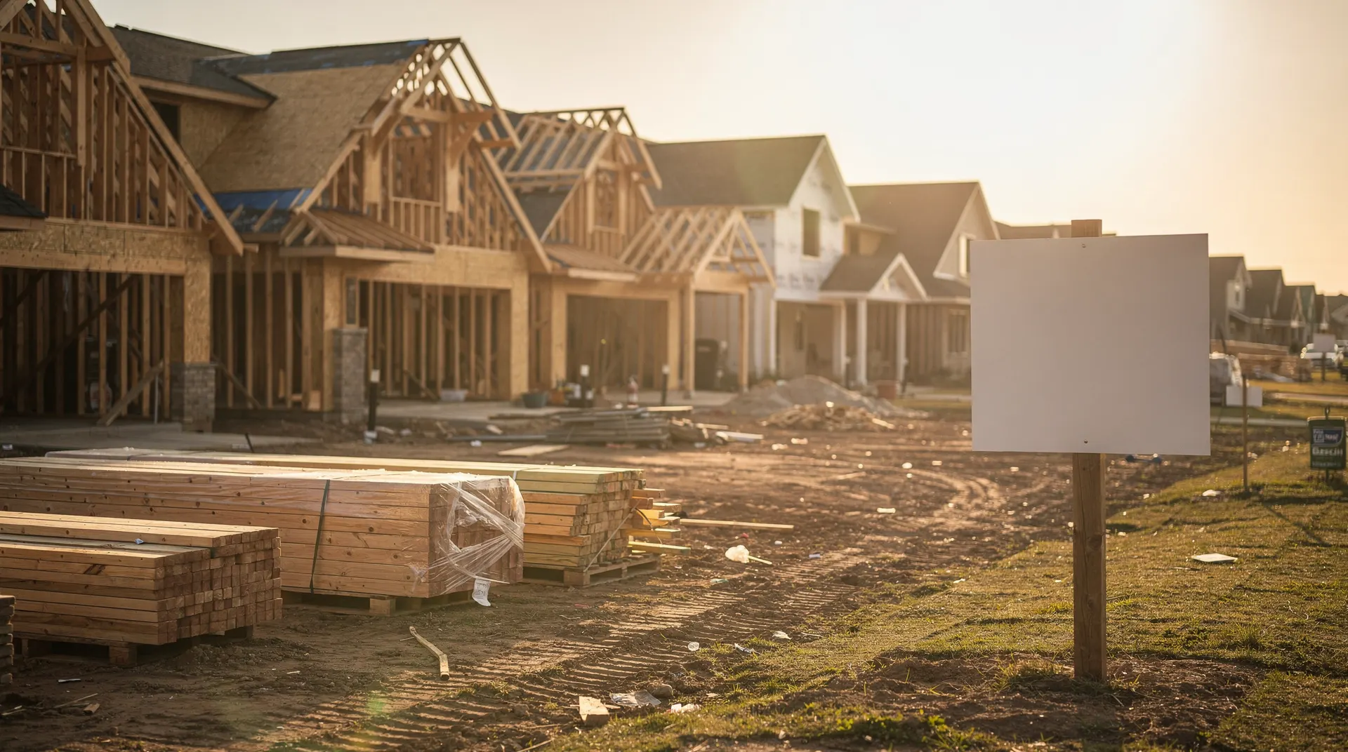 Partially framed suburban houses under construction at golden hour with lumber stacks and a blank yard sign