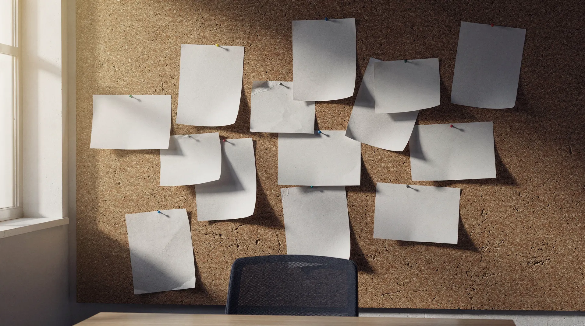 Blank paper notices cover a corkboard, with an empty interview chair in the background.