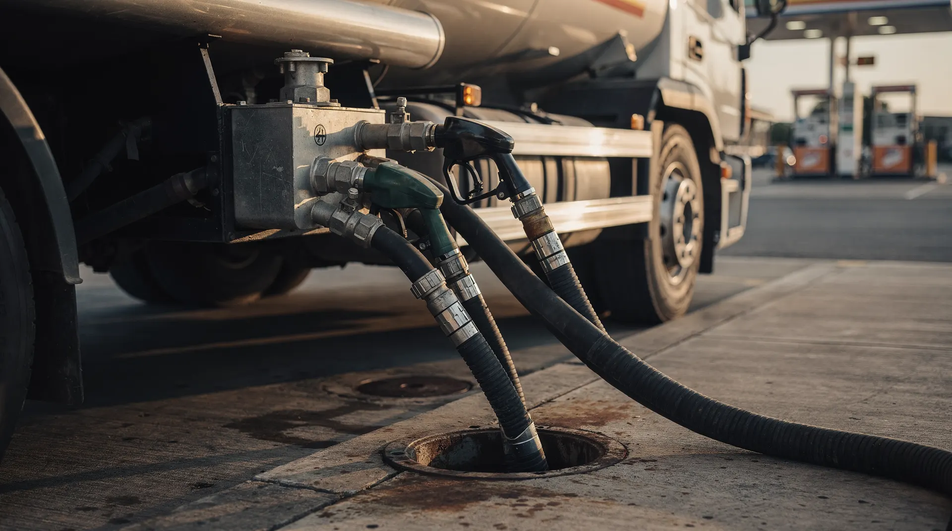 A gasoline nozzle rests in a car's fuel filler at a softly blurred gas station.
