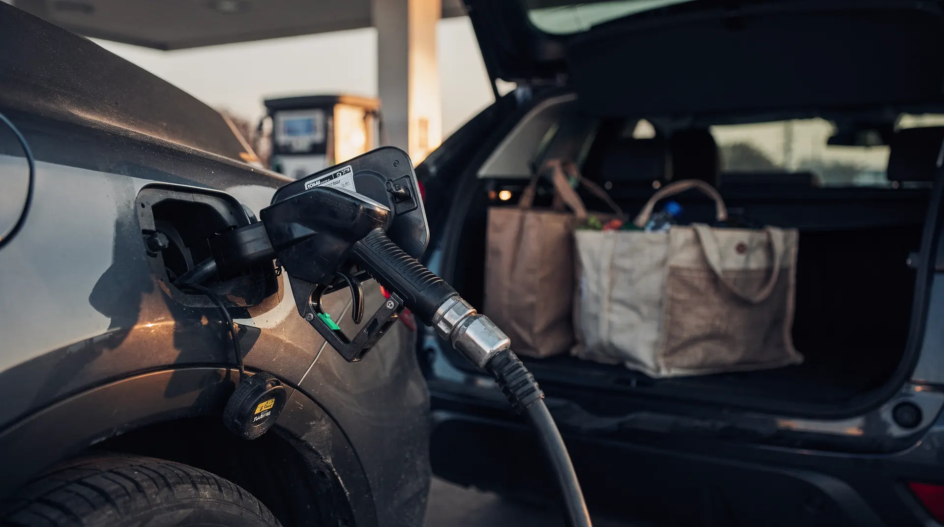 A fuel-pump nozzle fills a car while grocery bags sit in its open rear cargo area.