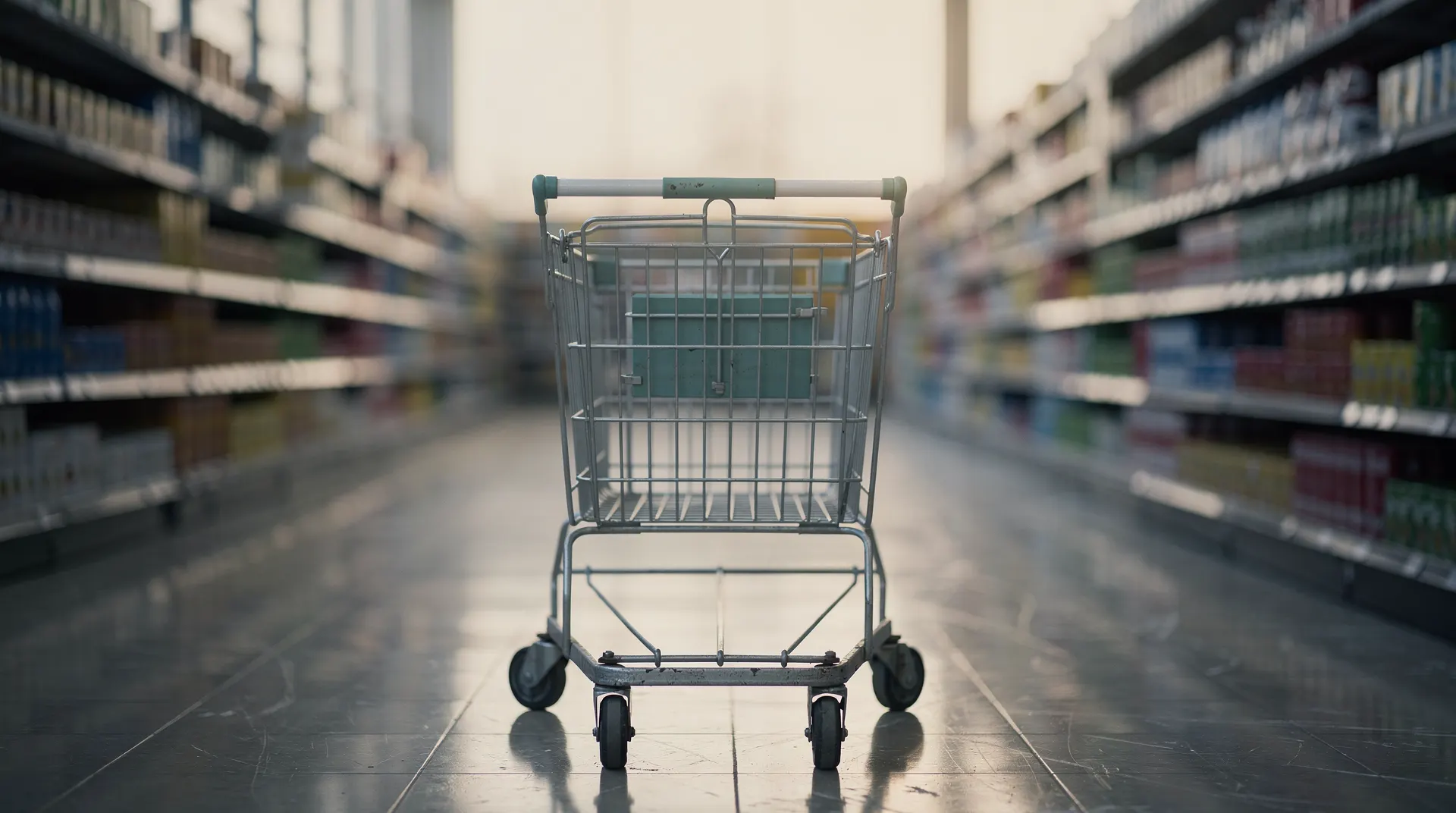 Empty shopping cart in a supermarket aisle at dawn