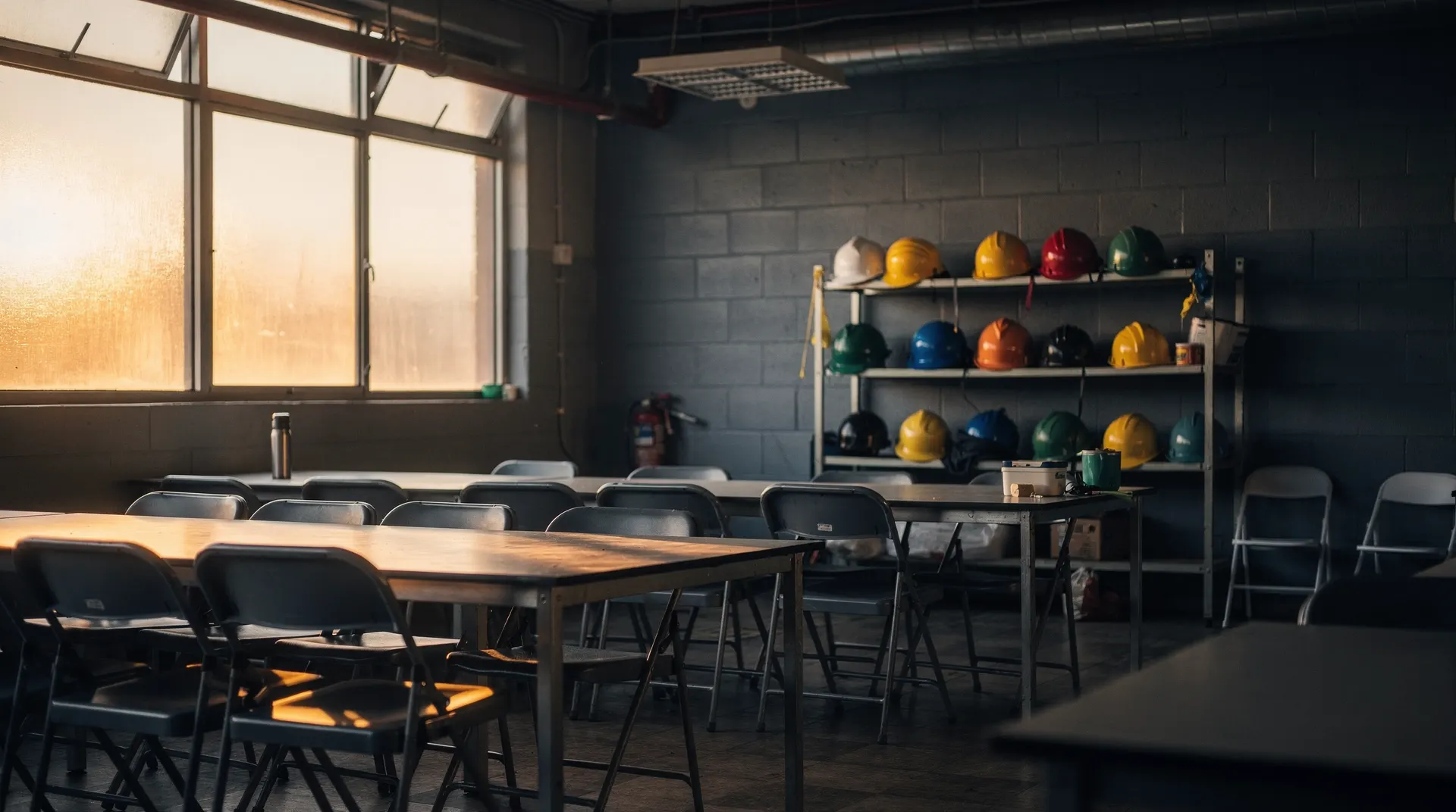 Empty factory break room at dawn with hard hats on a rack and warm light through high windows