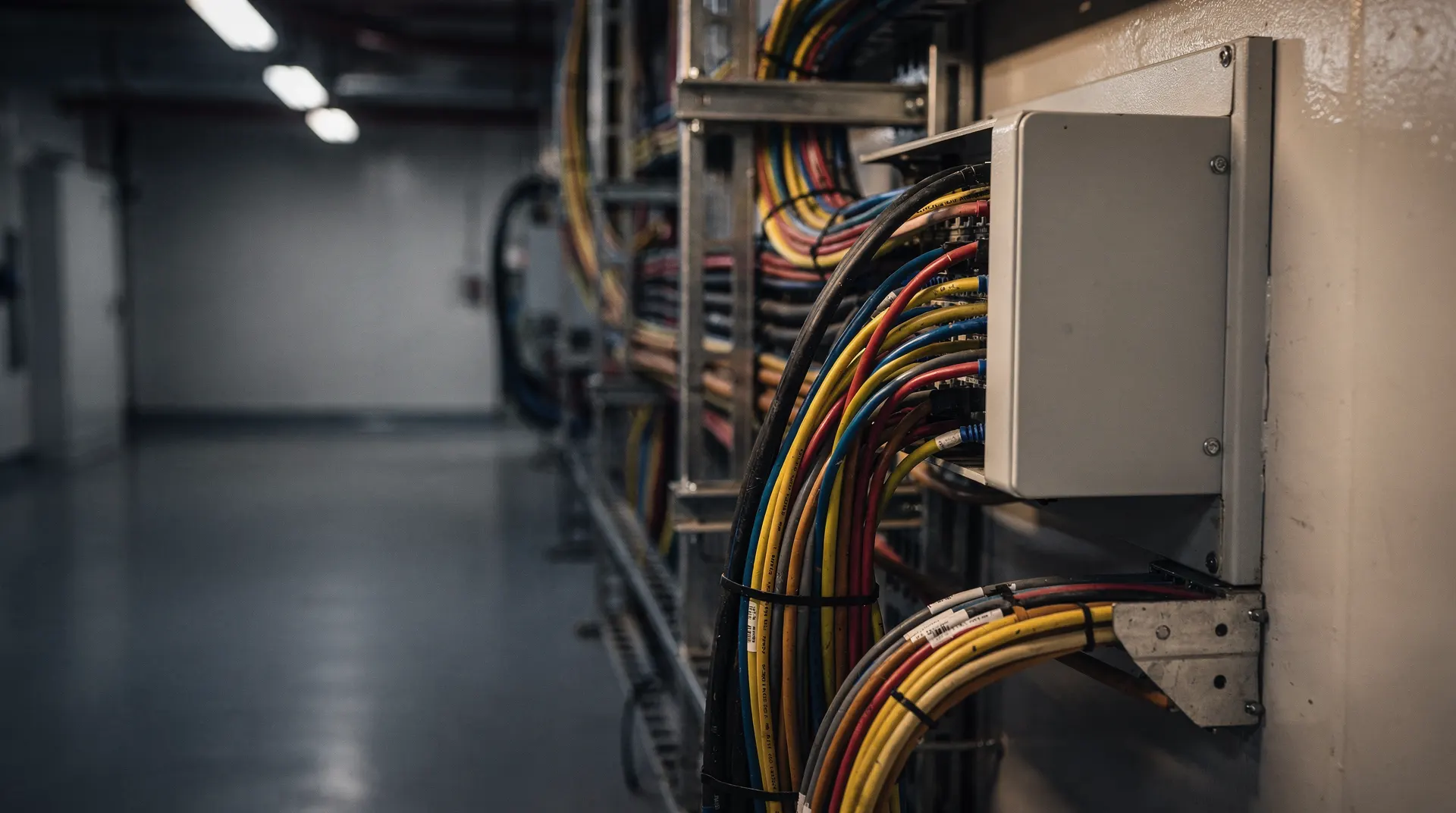 Closed server racks line a dim data center aisle, with warm light fading into deep blue shadow.