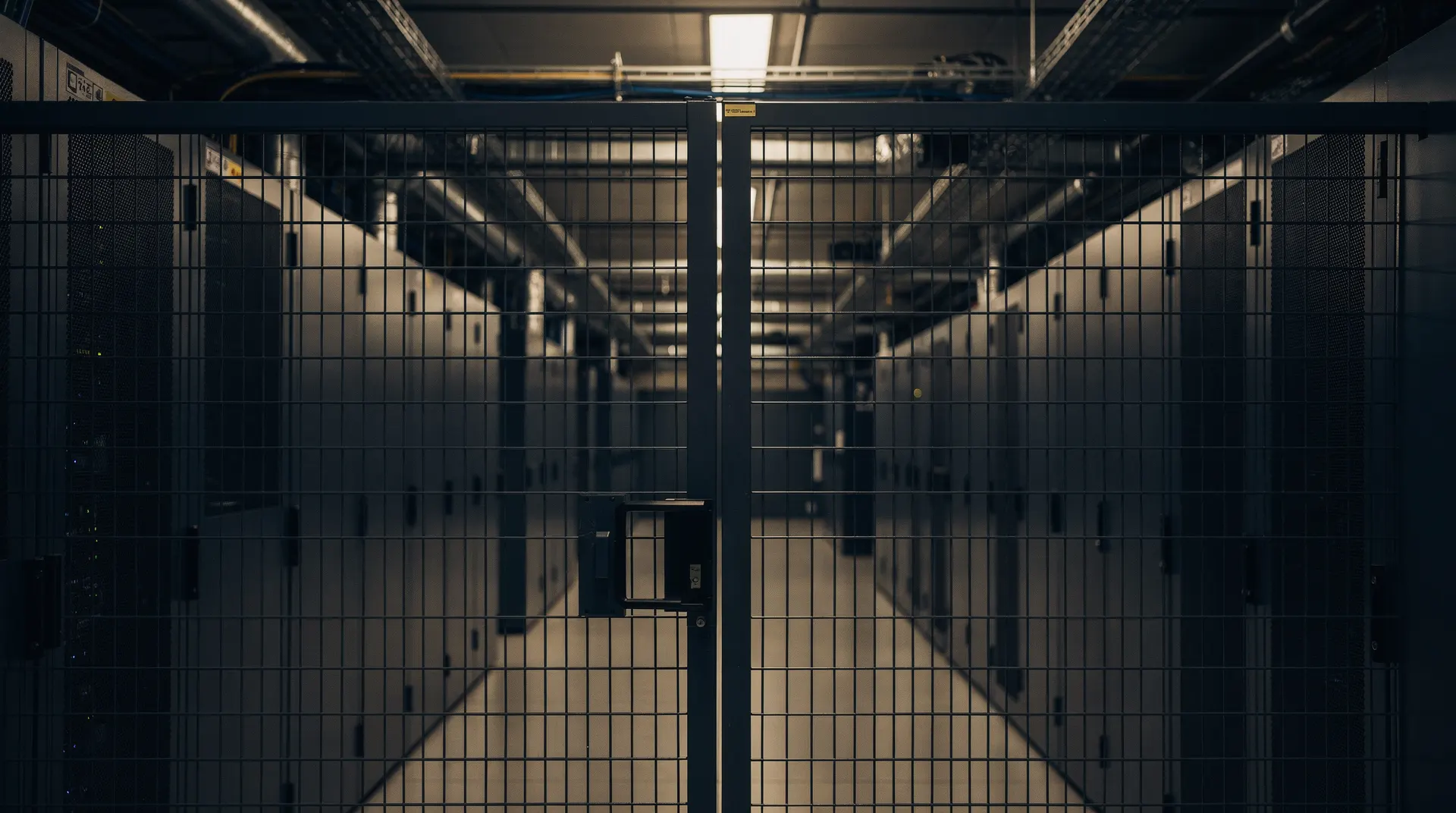 Enterprise server racks line a data center aisle behind a closed wire-mesh gate.