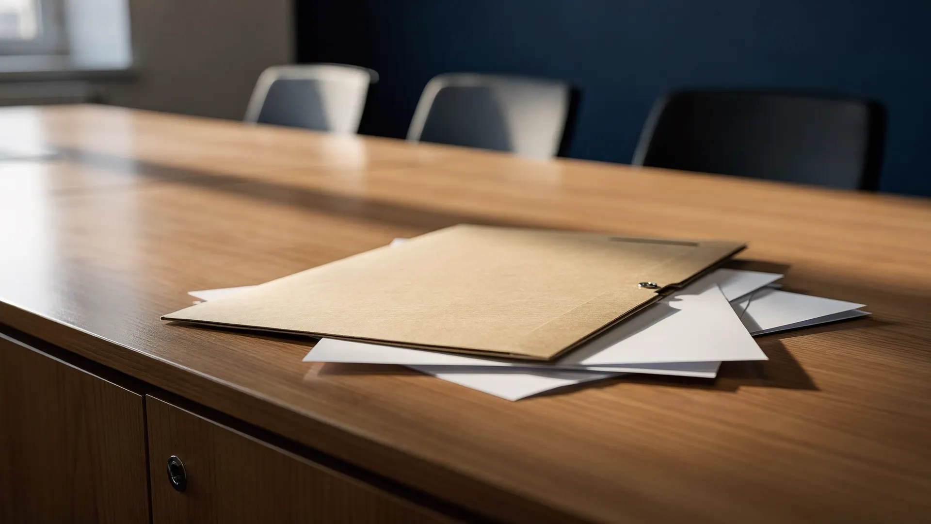 An unmarked folder rests on a meeting table, with empty chairs receding into shadow.