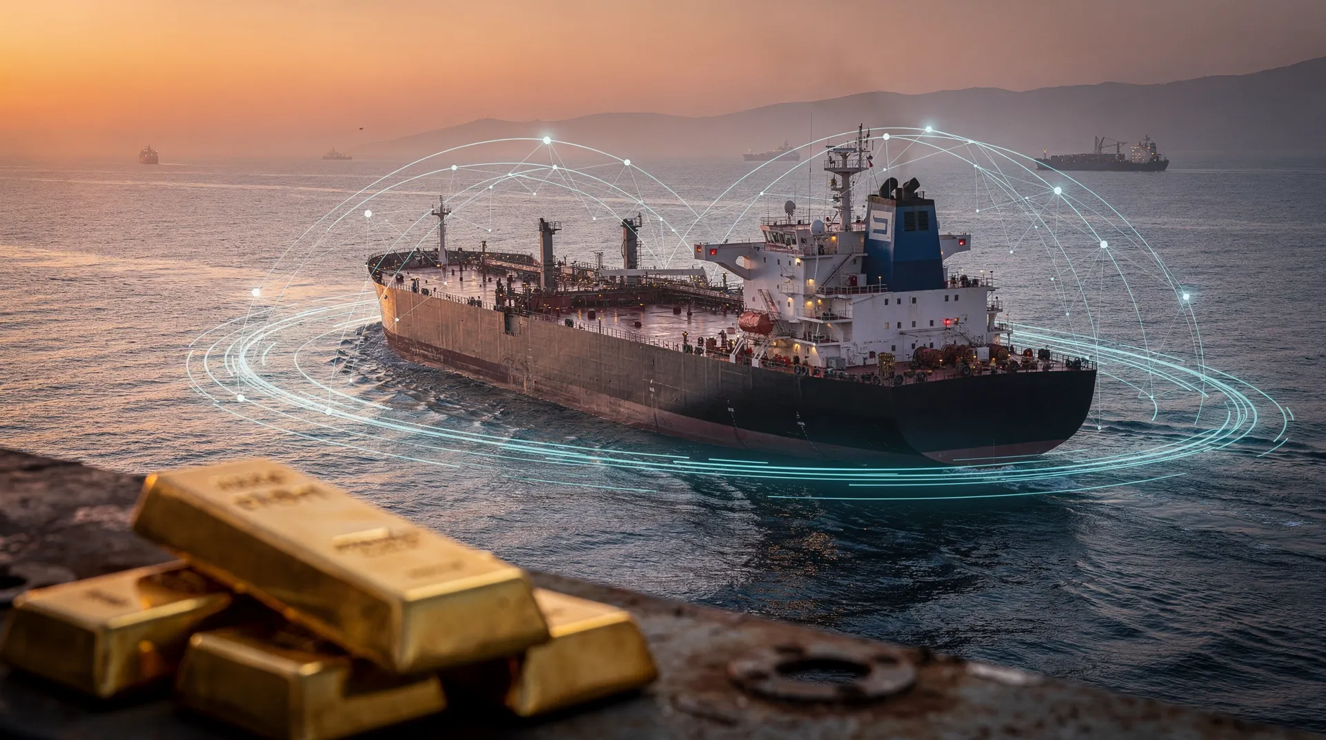 Oil tanker on water with glowing network lines, with gold bars in the foreground at sunset.