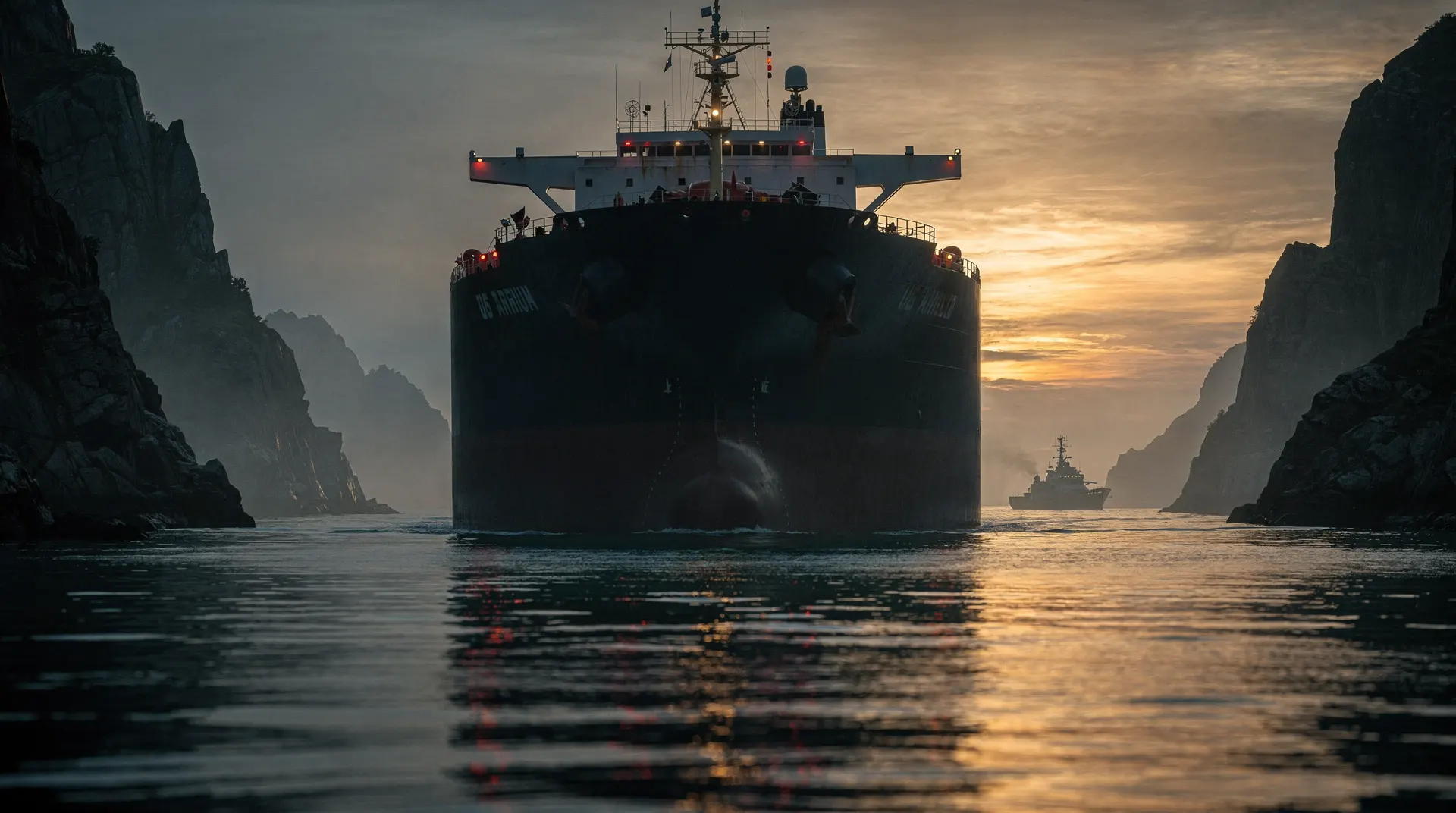 Oil tanker transiting a narrow strait at dusk