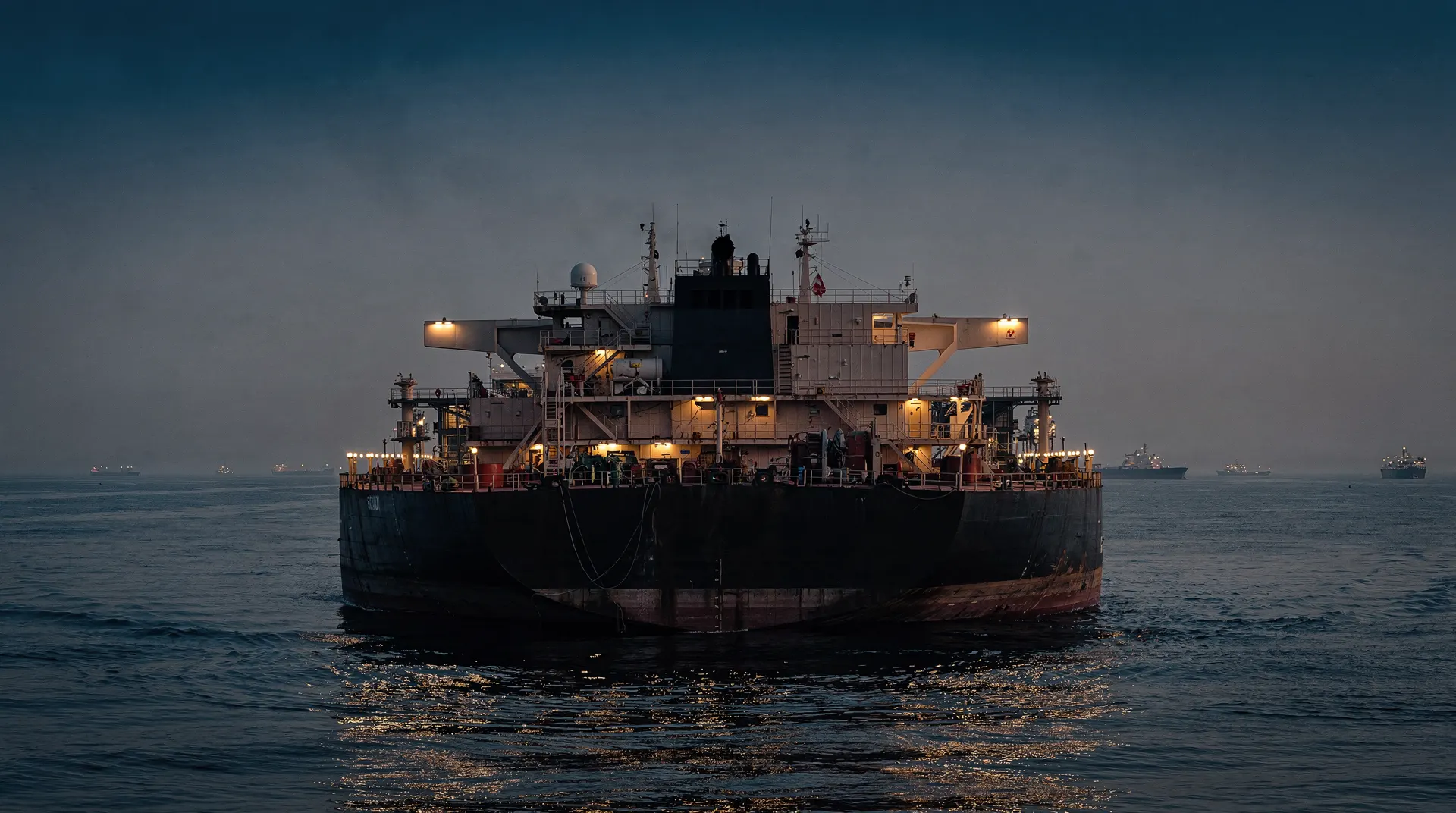 A crude oil tanker crosses dark water at dusk, with distant ships beneath a hazy sky.