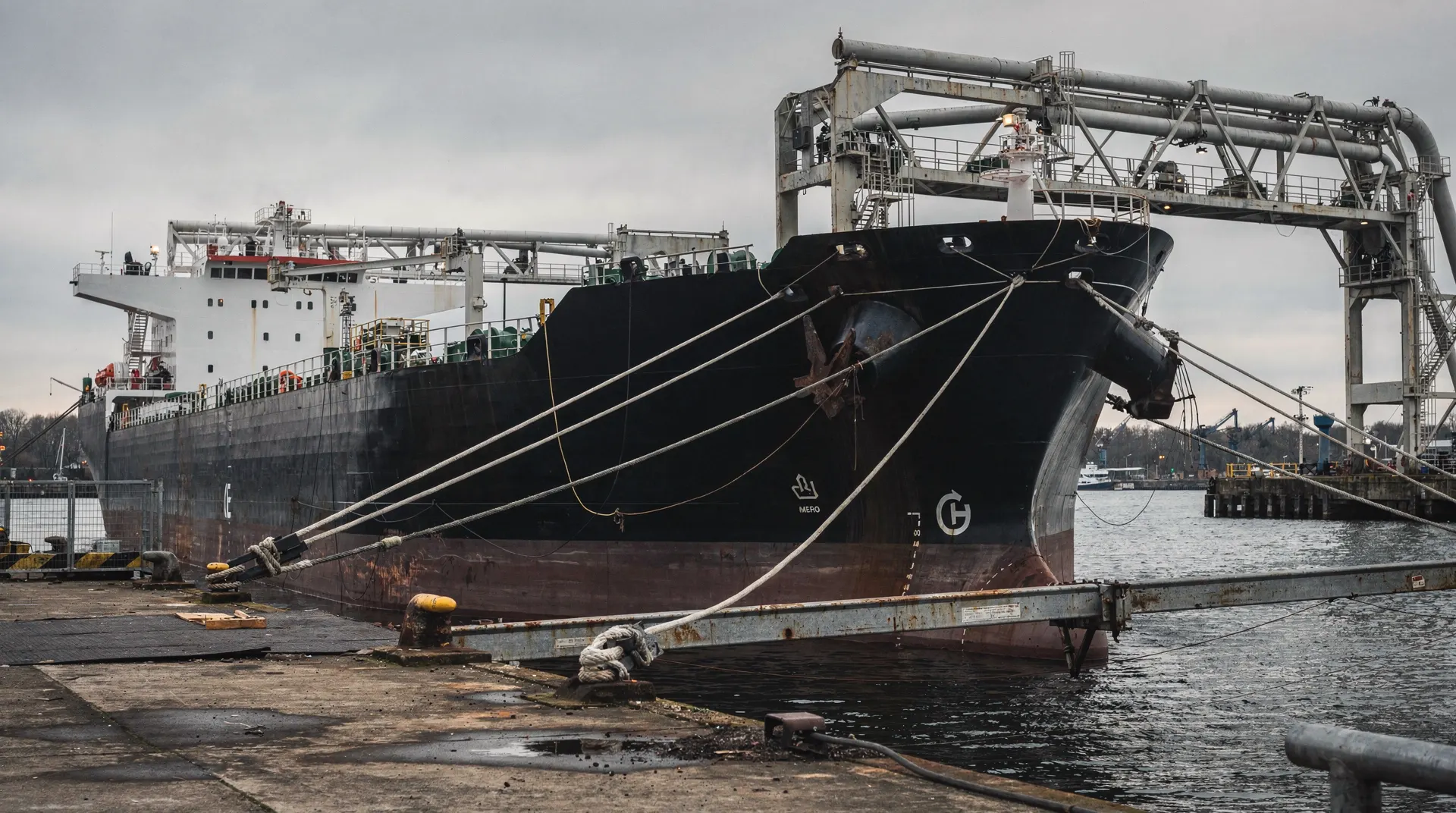 An unmarked oil tanker sits beside loading pipes at an overcast shipping terminal.