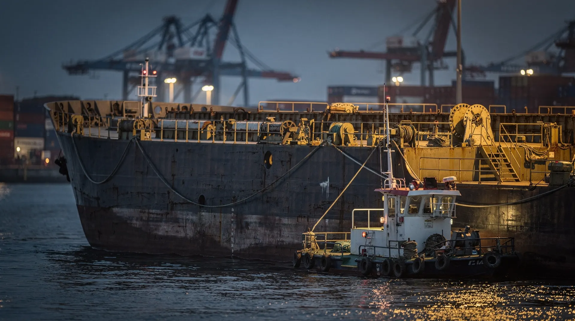 An unmarked cargo vessel sits at dusk with a small support craft alongside and port cranes in the distance.
