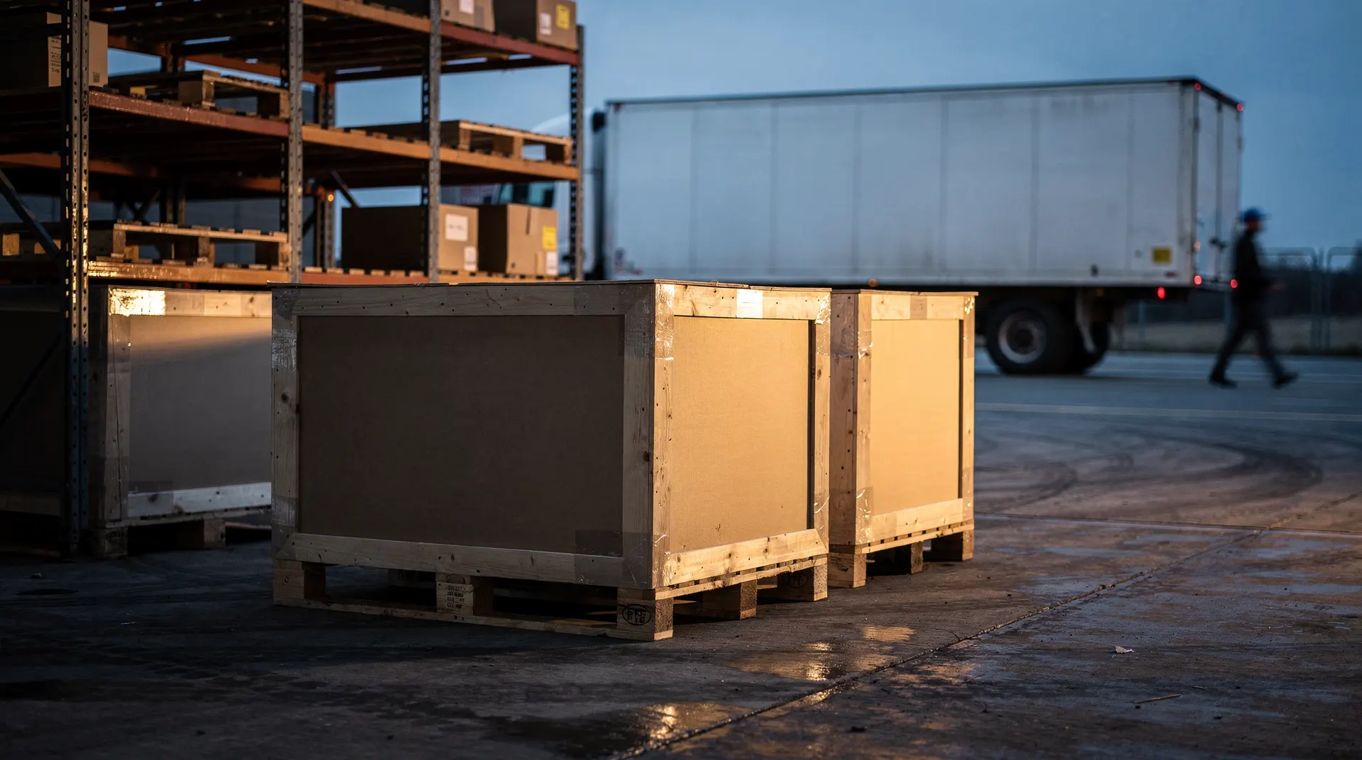 Unmarked component crates sit at a factory loading dock, with partly empty pallet racks behind them.
