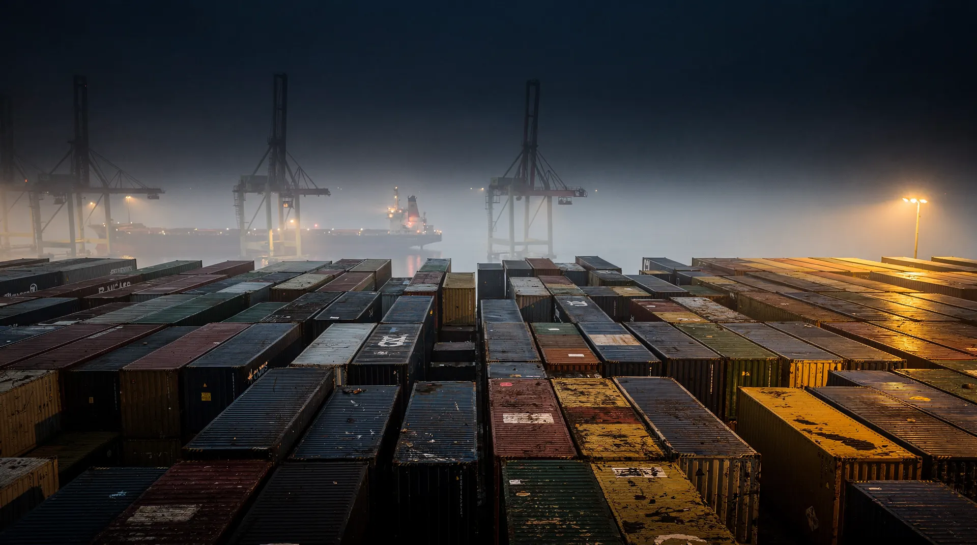 Dusk view of stacked shipping containers and crane silhouettes at a container port under a navy sky