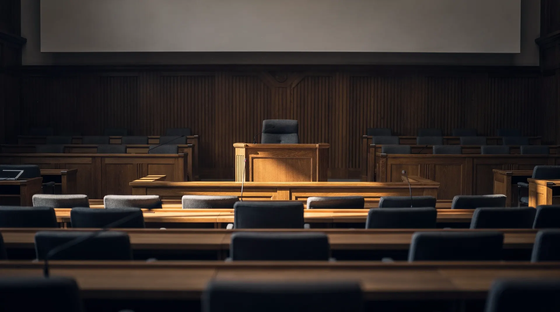 Empty parliamentary seats face an unoccupied lectern in a dim chamber.
