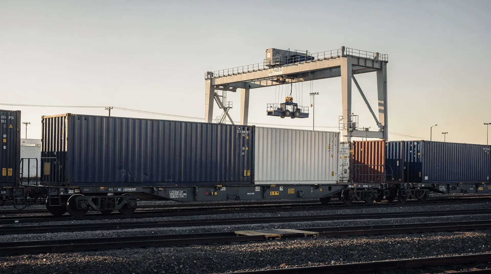 Unmarked containers on a freight train at an inland rail terminal in late-afternoon light.