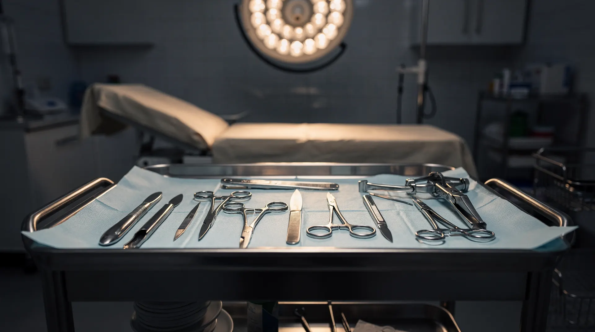 Surgical instruments rest on a sterile tray in an empty operating room.