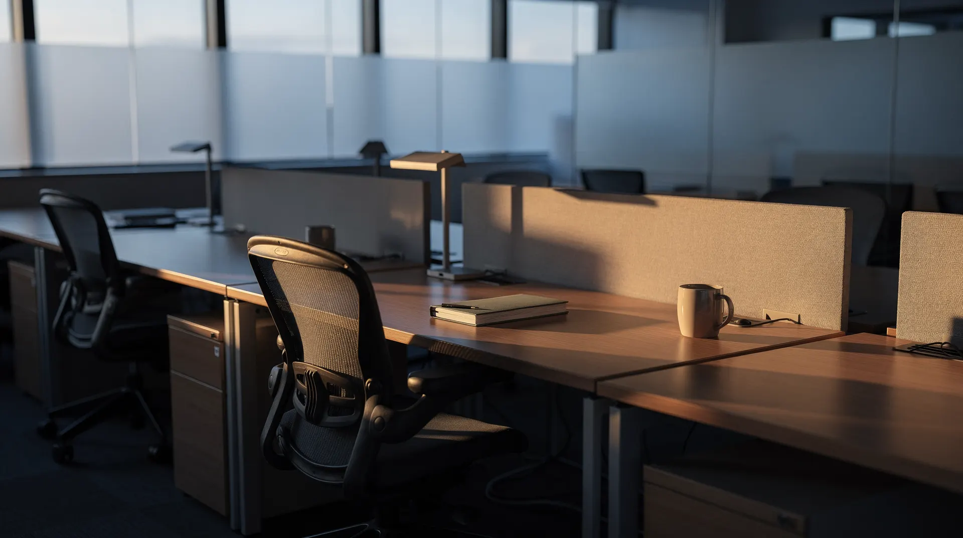Empty office desks and a pulled-out chair sit in soft morning light.
