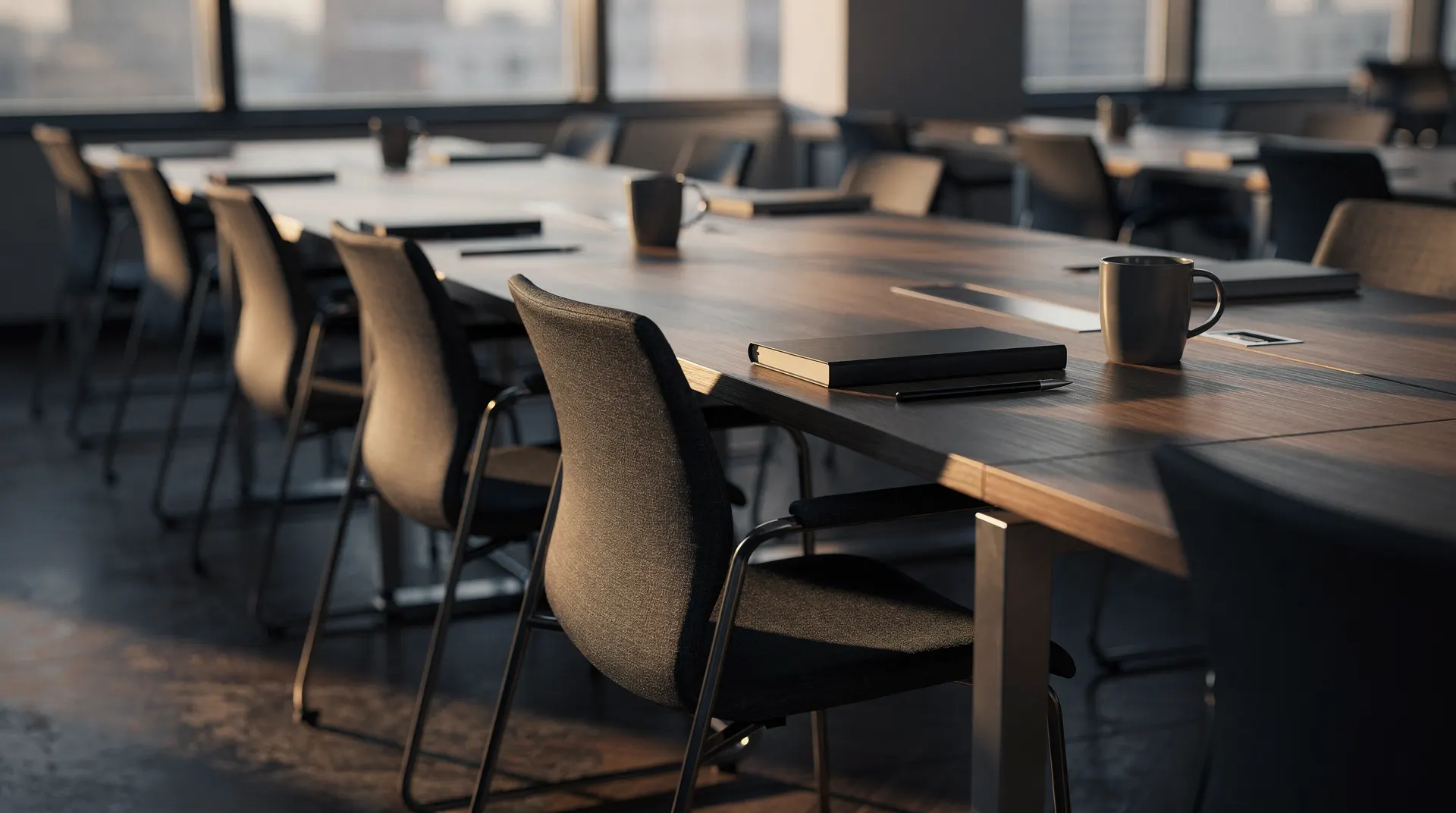 Empty office desks and neatly tucked chairs in soft morning light.