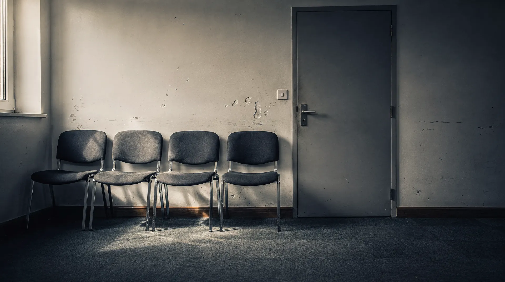 Empty chairs line a quiet office corridor outside a closed interview-room door.
