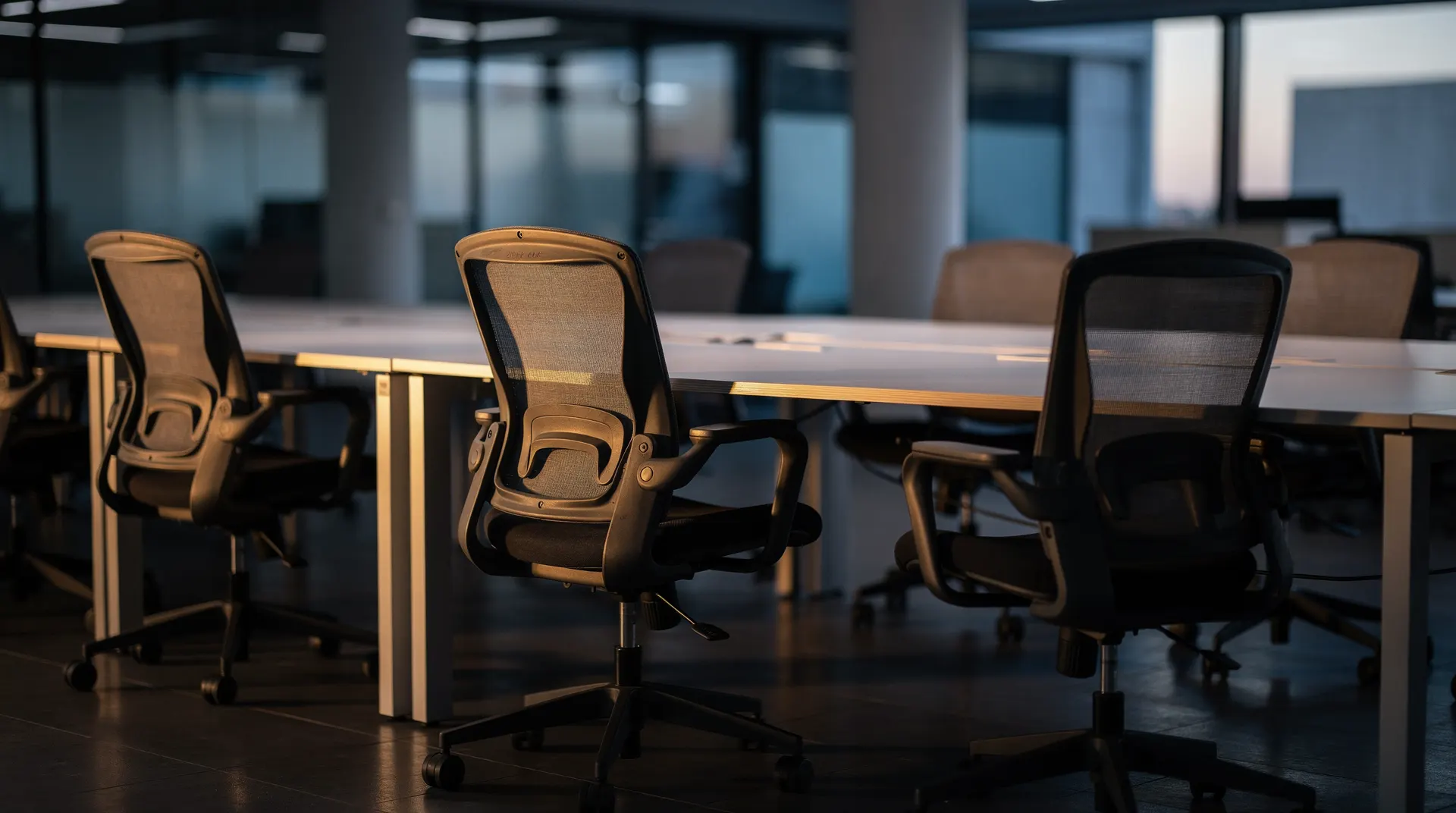 Empty office desks and chairs sit in soft dawn light.
