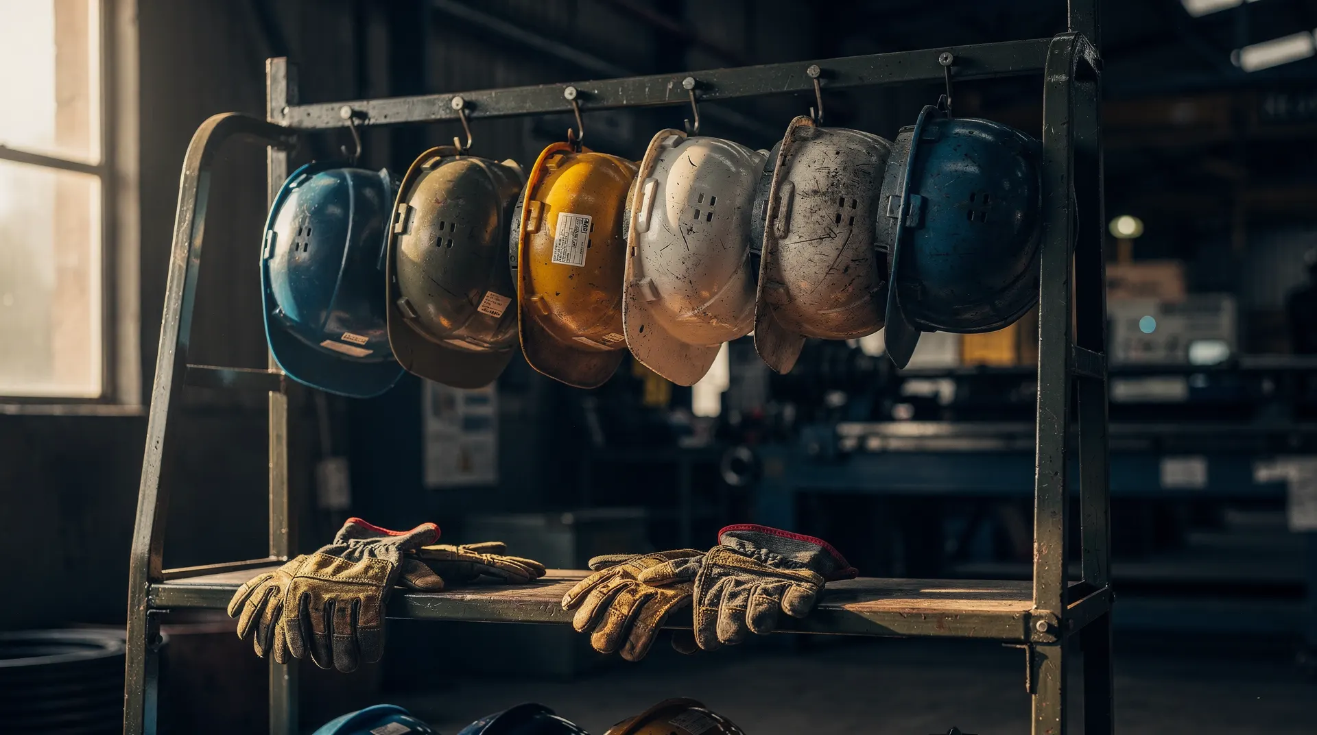 Unused hard hats hang at a factory workshop entrance, with work gloves nearby and machinery blurred behind them.