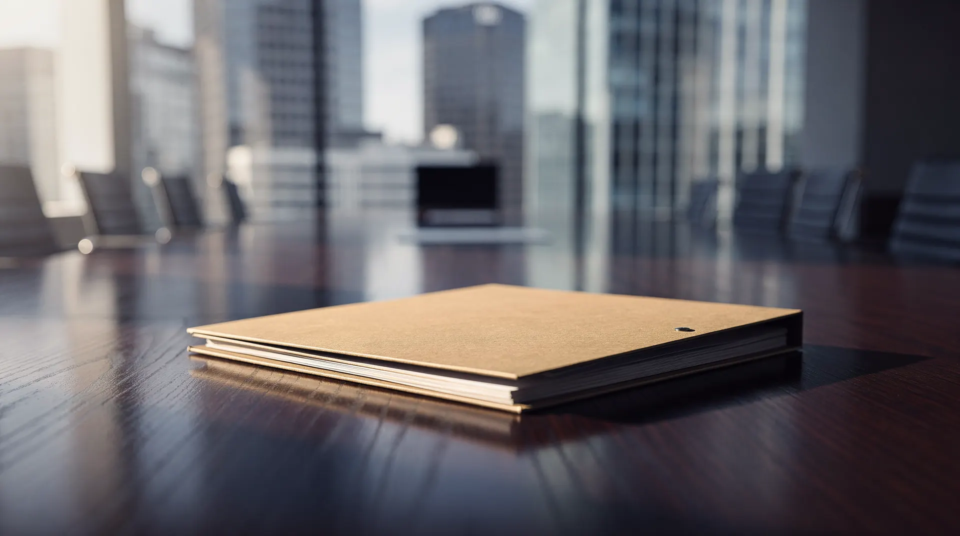 Plain portfolio folders sit on a table in an empty bank boardroom, with a distant skyline beyond the glass.