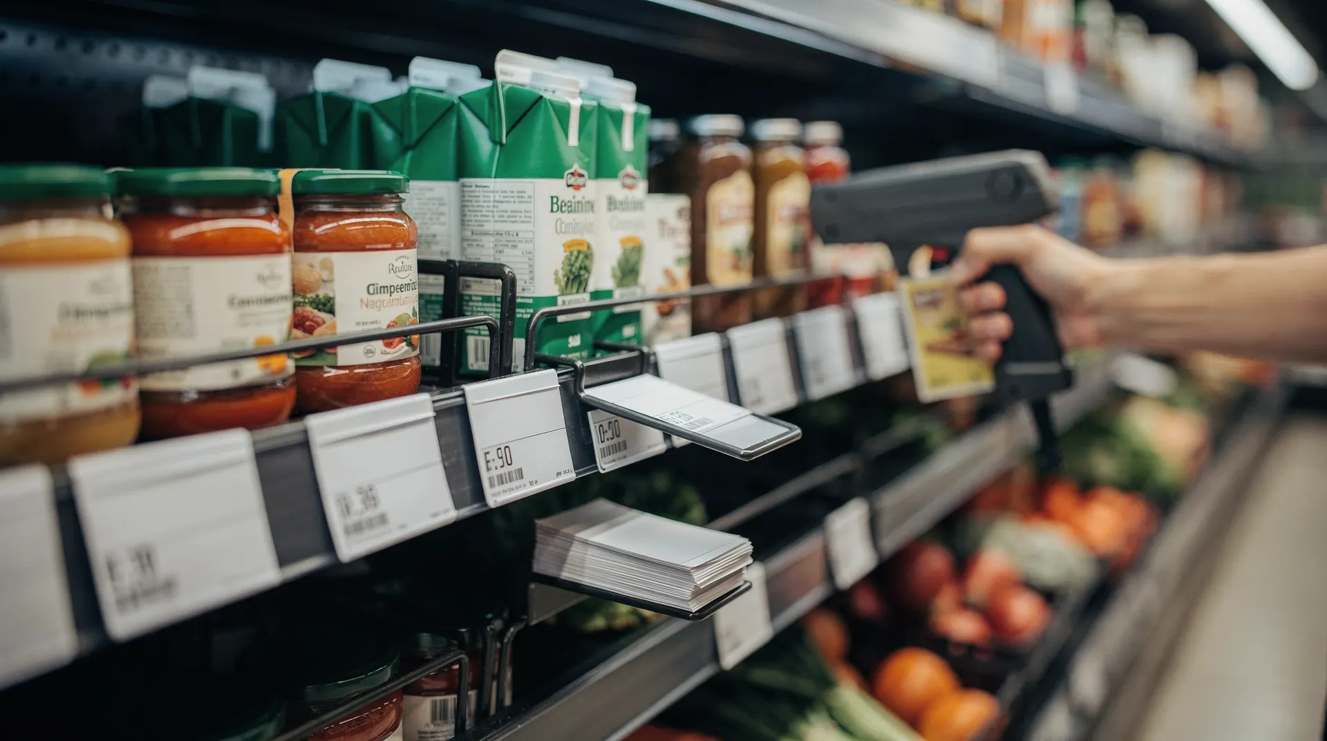 Supermarket produce aisle with out-of-focus price tags, representing consumer prices