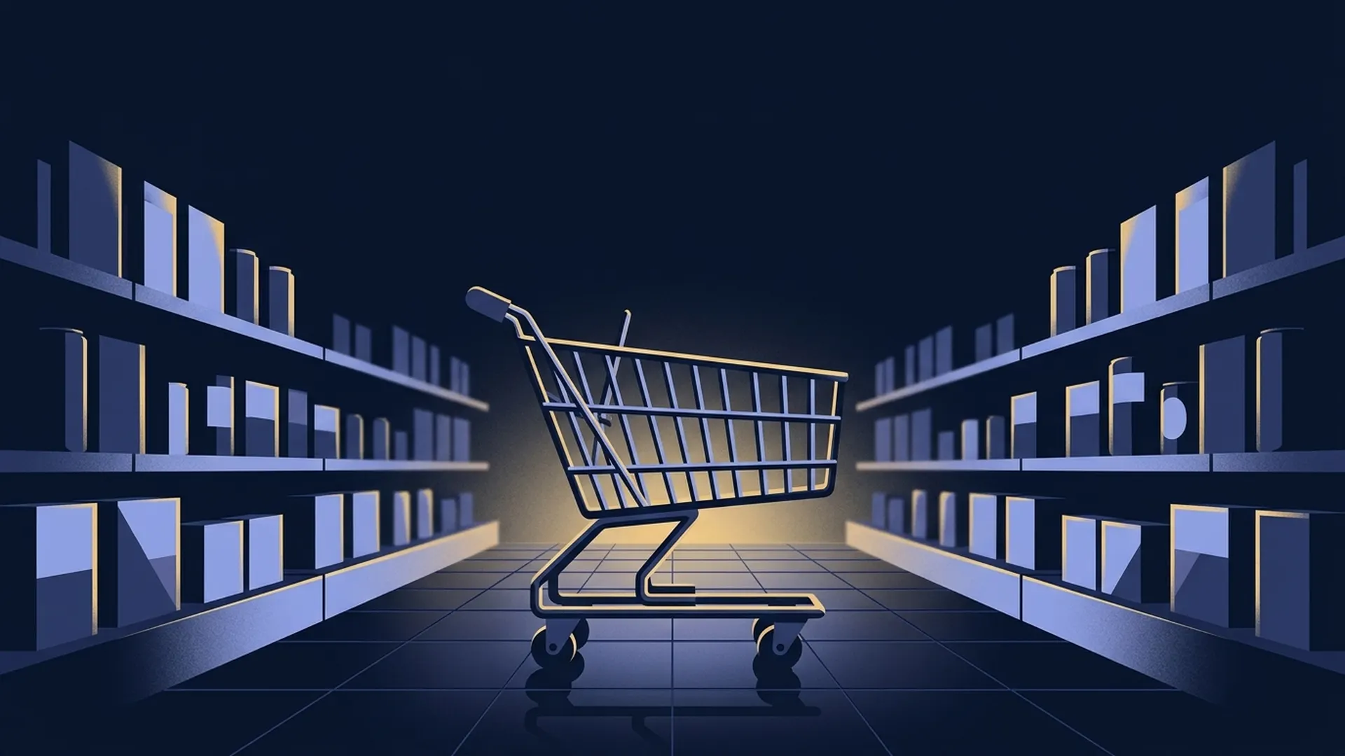 Empty grocery aisle at dawn with a single shopping cart lit in muted navy and gold tones