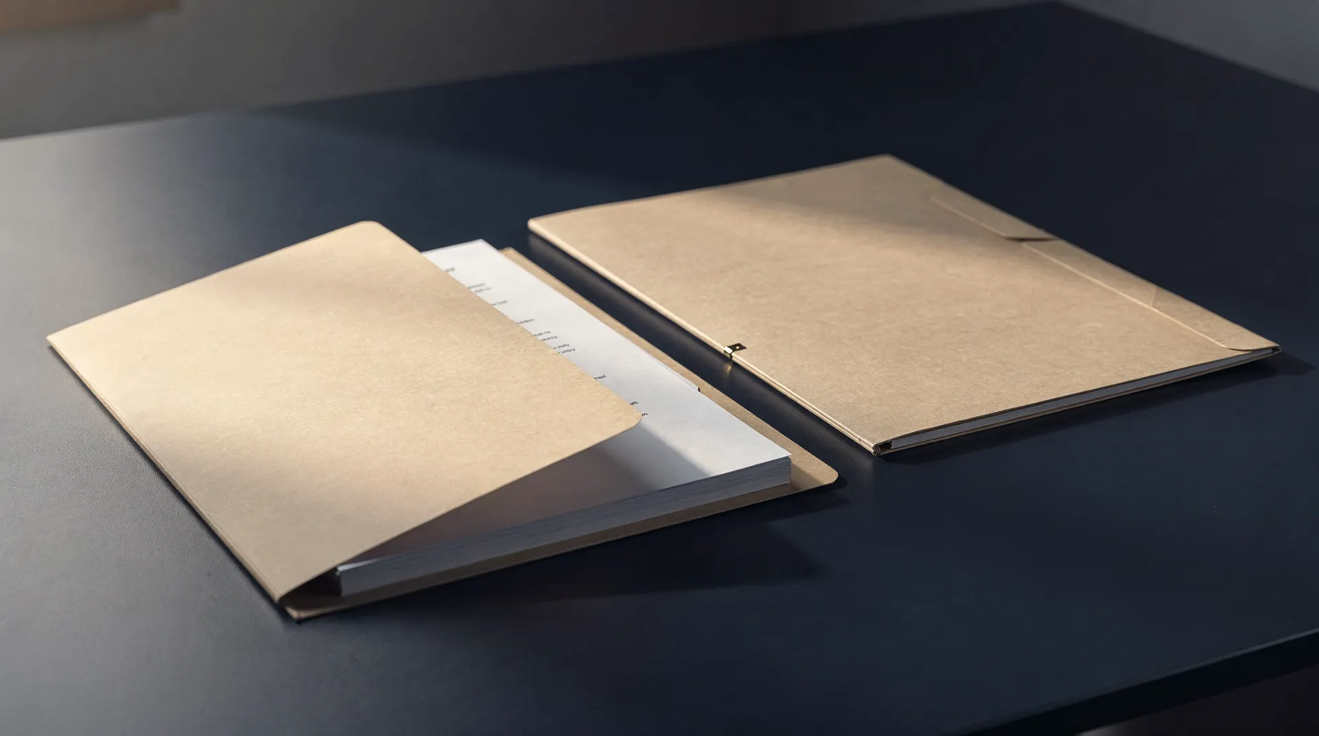 Two unmarked document folders sit slightly out of alignment on a dark desk.