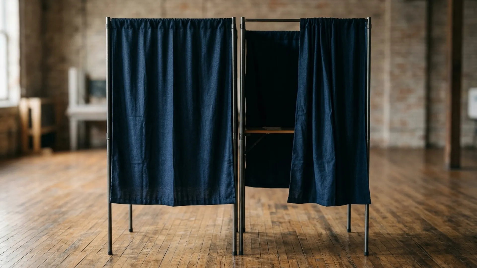 Two empty voting booths stand apart in a quiet polling place lit by soft daylight.
