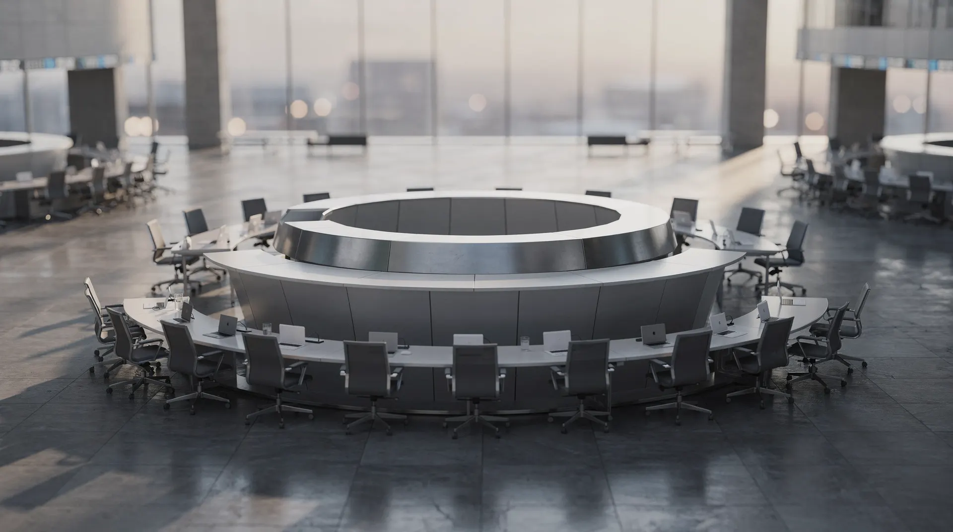 An empty financial exchange floor in soft dawn light, with all screens out of frame