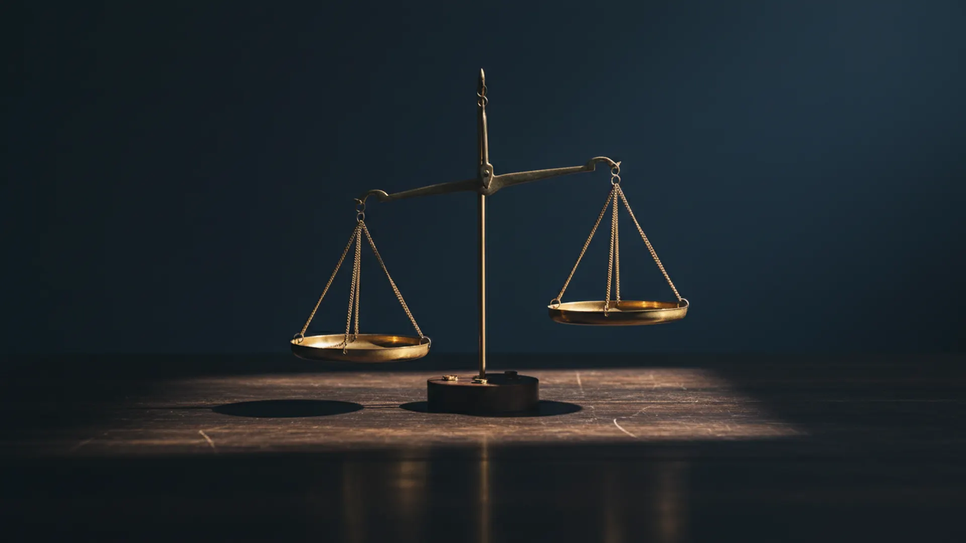 A brass balance scale tipped unevenly under dramatic gold light against a dark navy background