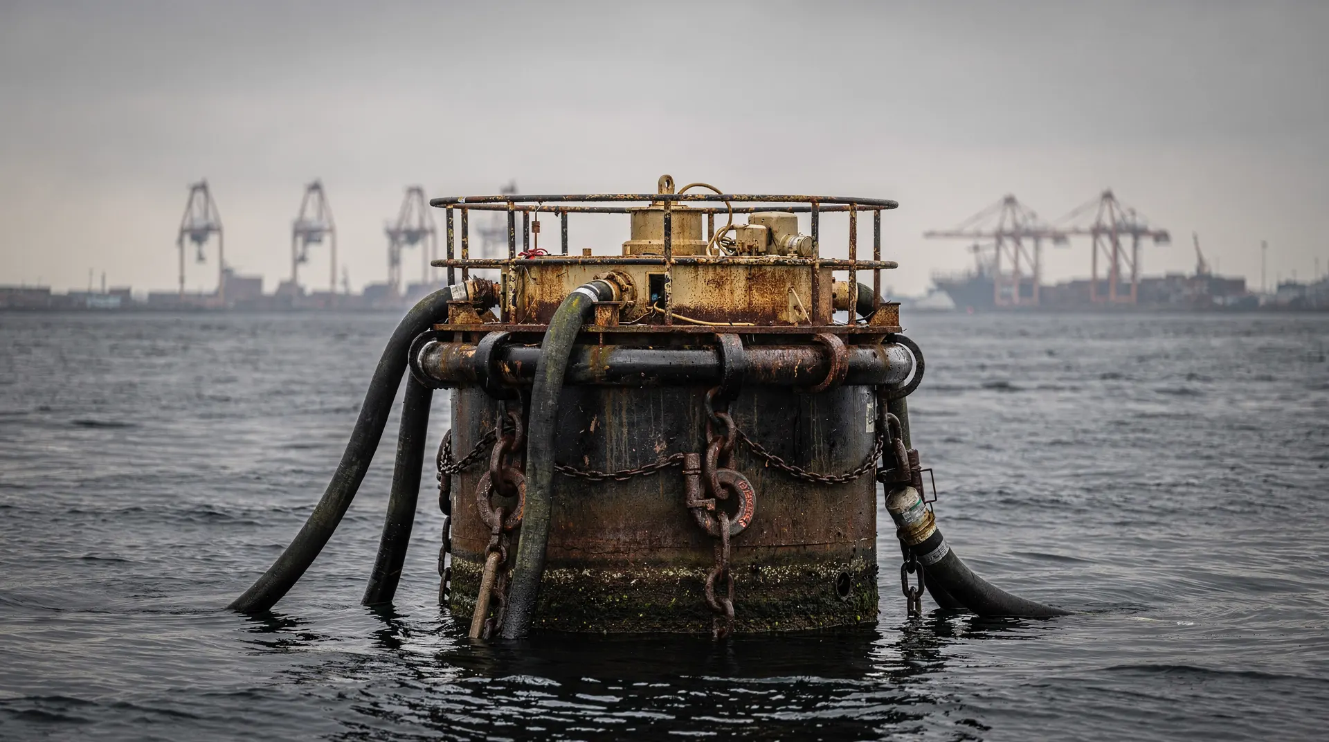 An unmarked oil tanker sits on dark water beneath a hazy sky, with port cranes in the distance.