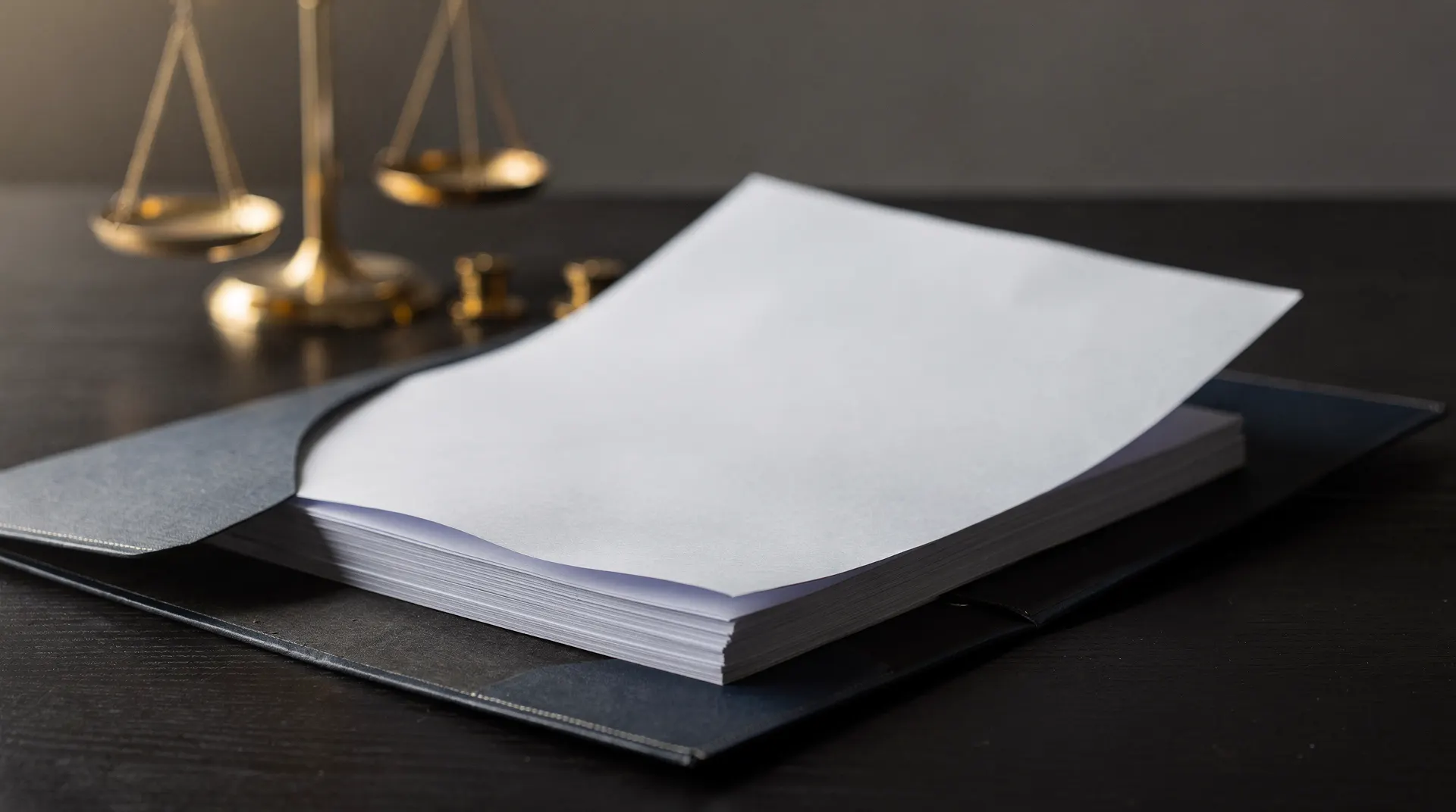 An unmarked paper report rests beside a brass balance scale on a dark desk.