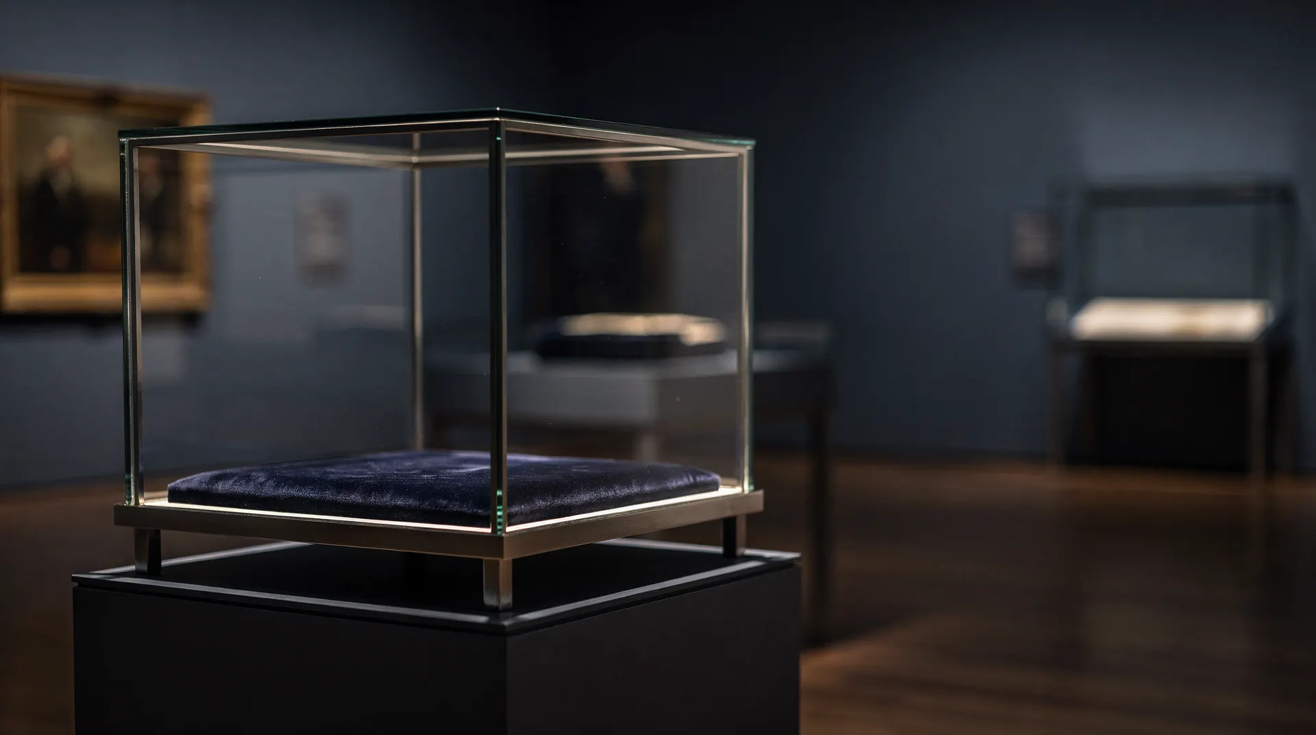 An empty glass display case stands in a softly lit museum gallery.