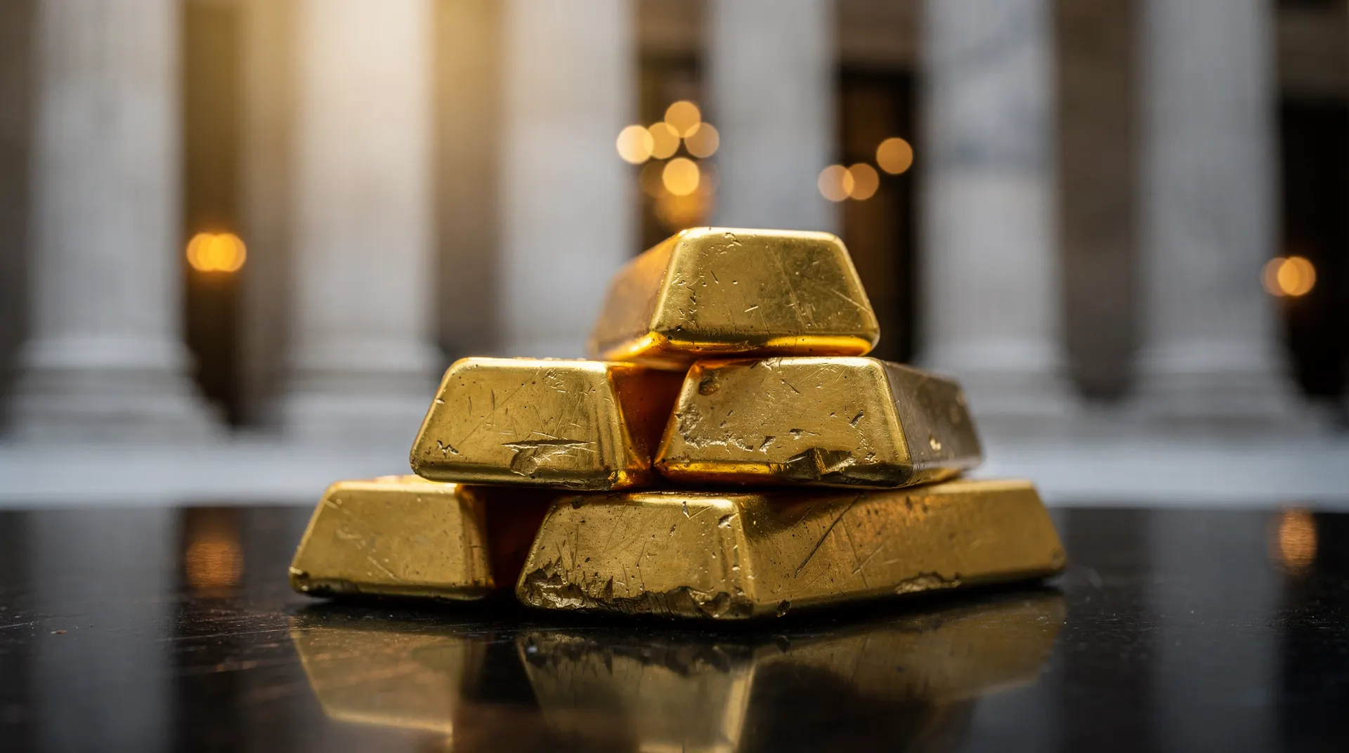 Stacked gold bars glowing under warm light before blurred marble columns and distant amber bokeh.