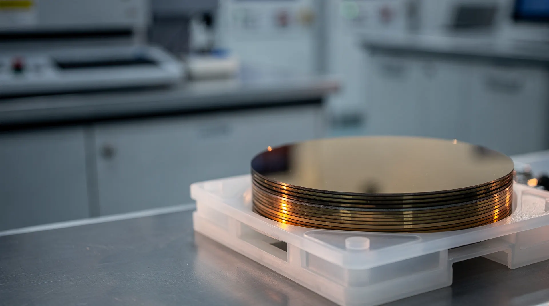 Blank silicon wafers rest in a carrier under soft light inside a semiconductor facility.