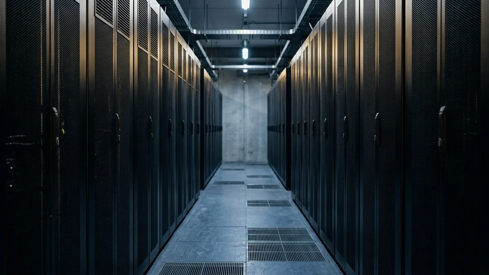 An empty datacenter aisle recedes between rows of dark equipment racks.