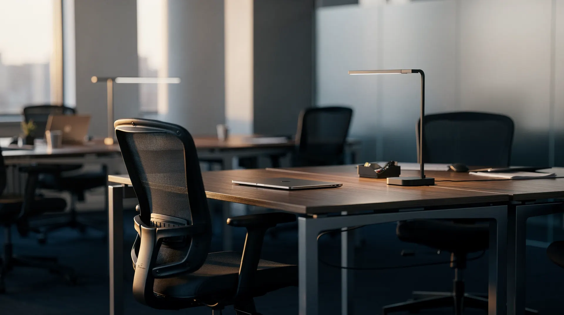 Unused office desks and pushed-in chairs sit in pale morning light.