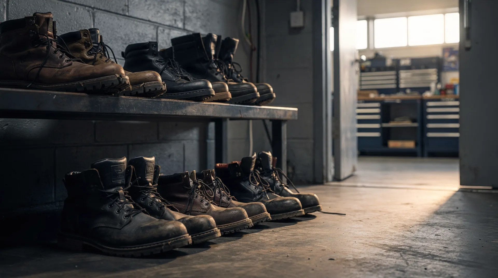 Hard hats hang beside an open workplace doorway in soft morning light.