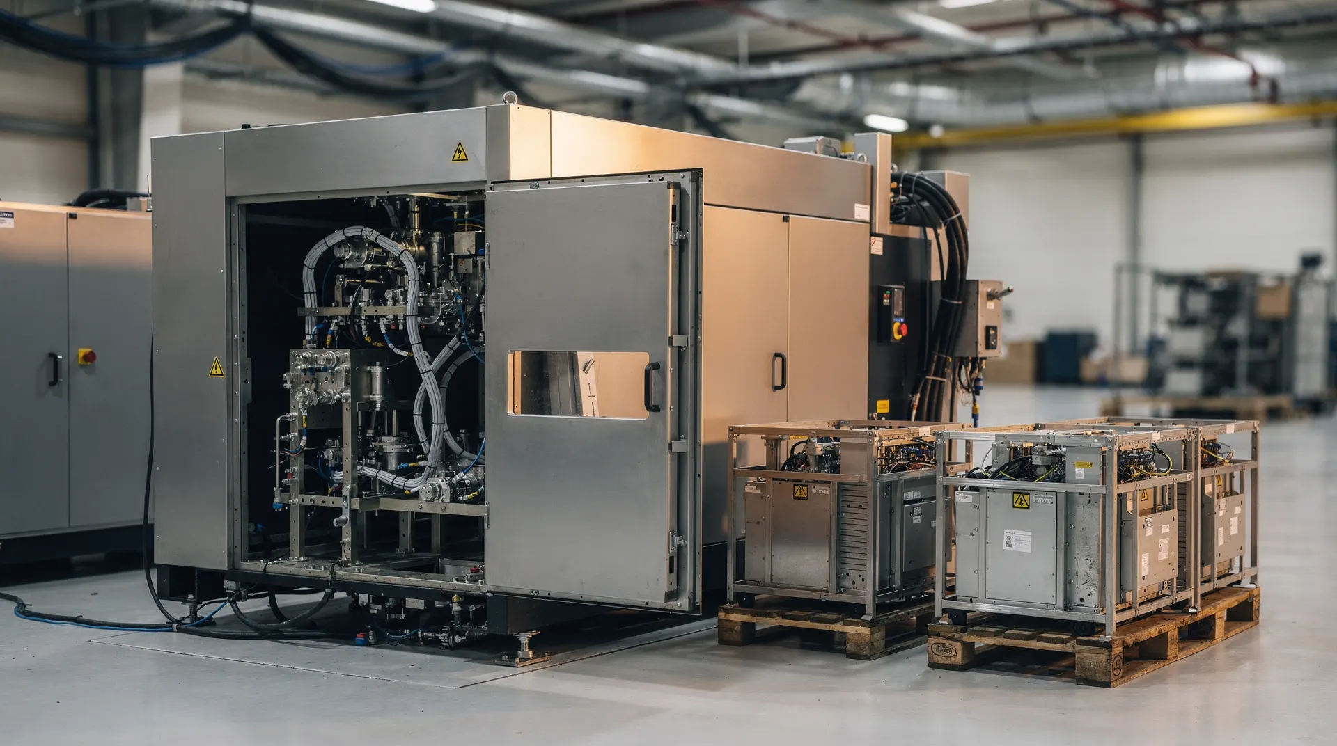 A partially assembled semiconductor etch tool stands beside unmarked component crates.