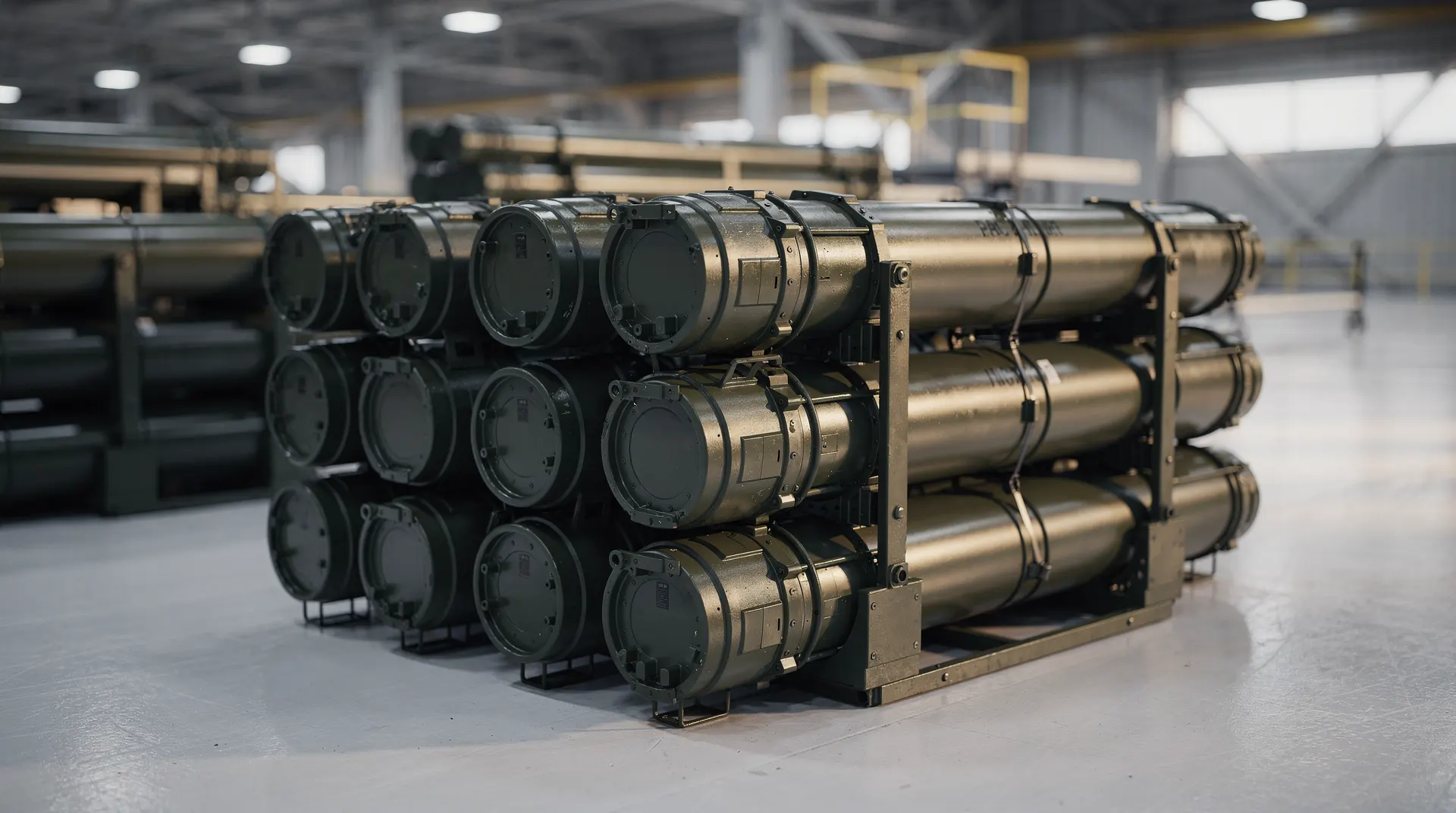 Unmarked missile interceptor canisters stand in rows on a softly lit production floor.