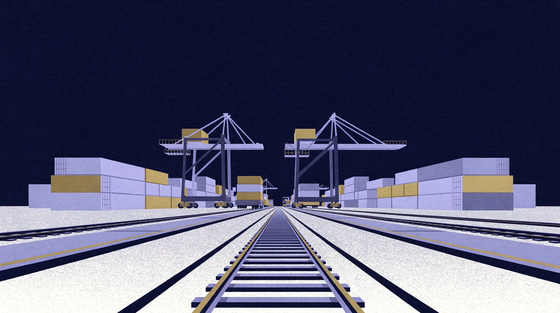 Unmarked containers stand beside intermodal railcars, with port cranes and a ship in the hazy distance.