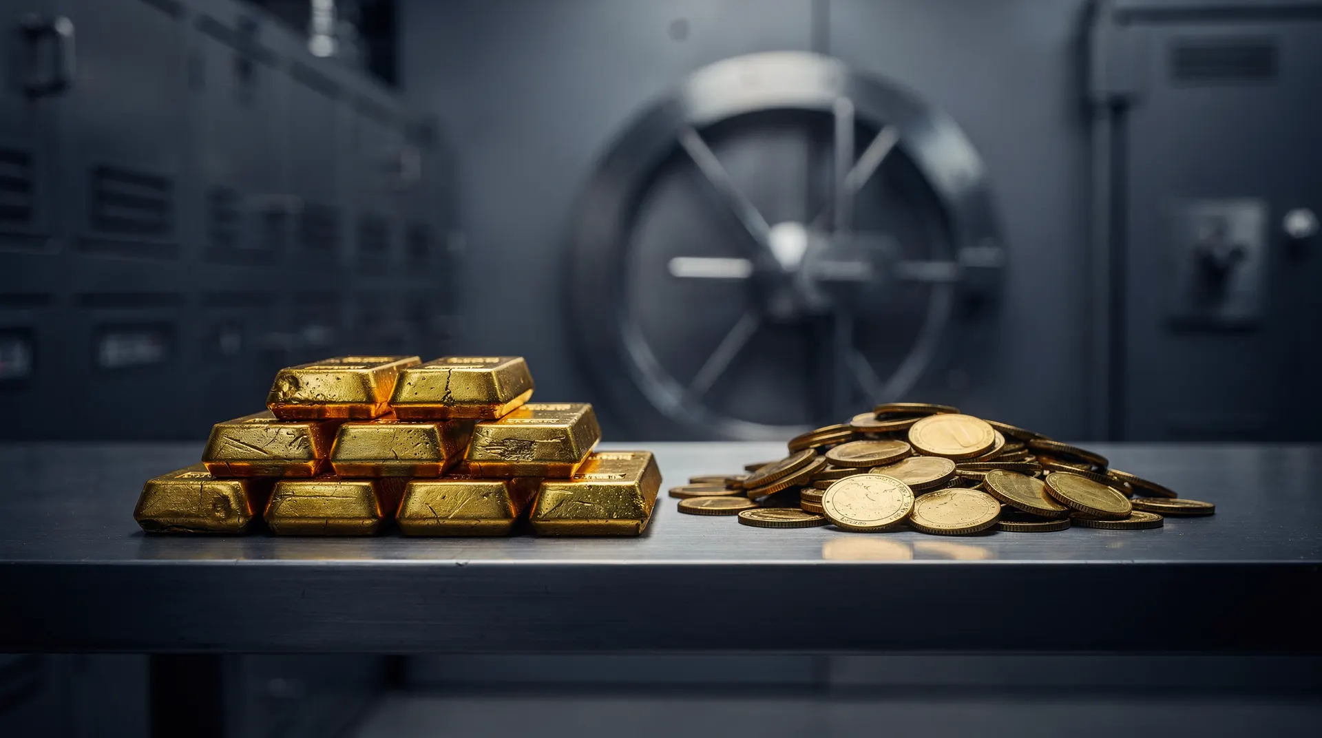 Gold bars and plain coins rest on opposite pans of a brass scale before a blurred bank-vault door.