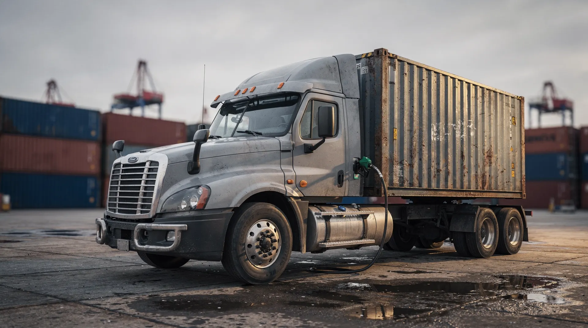 A container truck is refueled in a freight yard, with port cranes in the distance.
