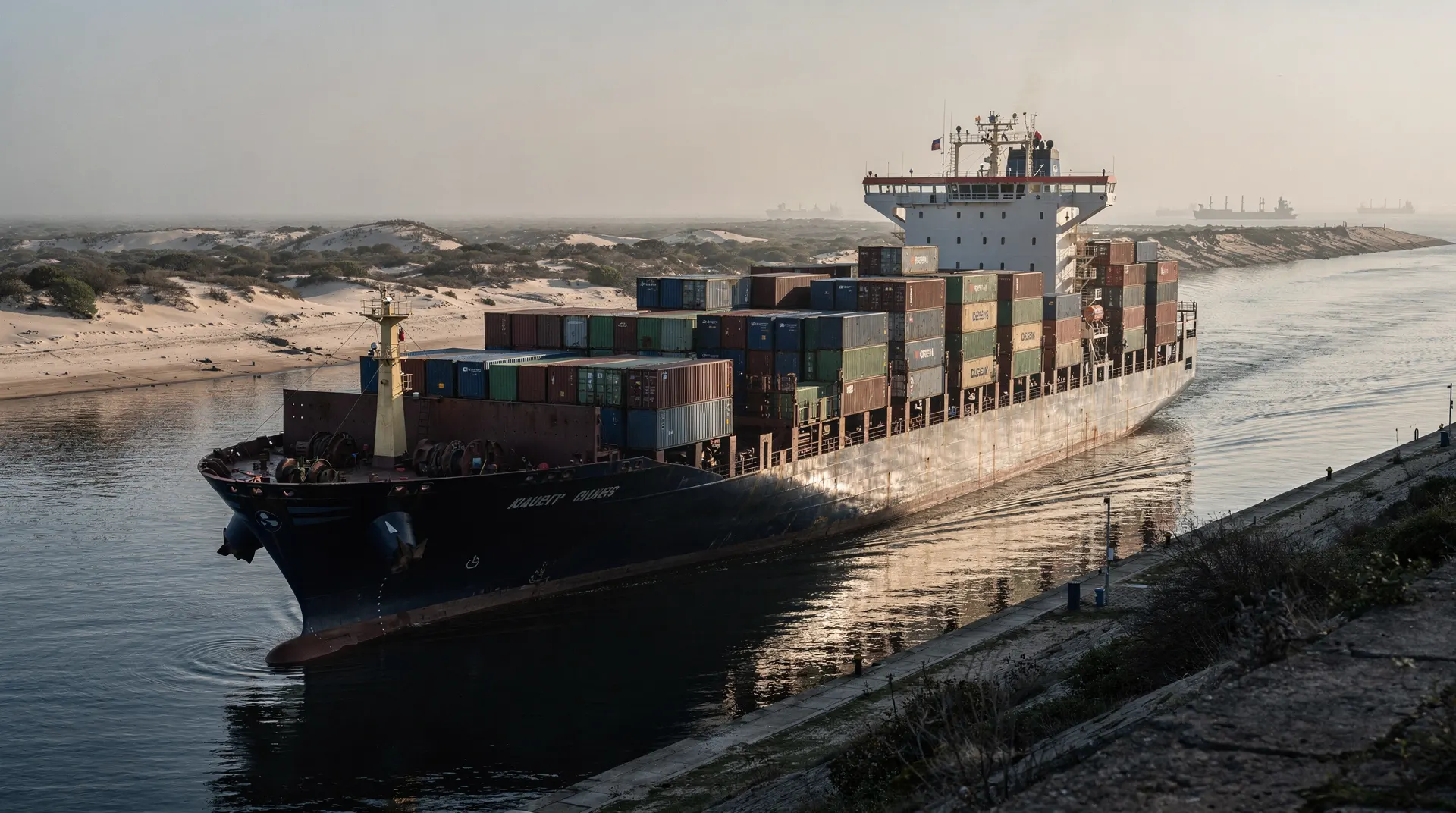 A container ship passes between sandy canal banks, with other vessels faintly visible in the distance.