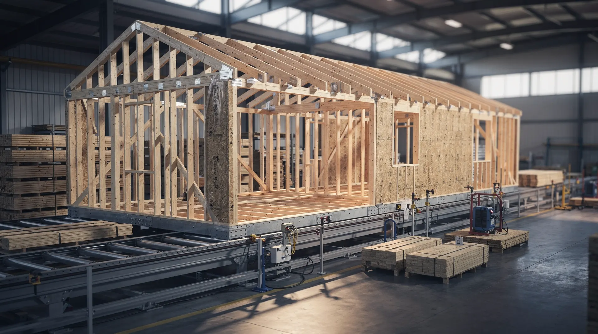 An unfinished manufactured home section with exposed framing stands on a quiet factory floor.