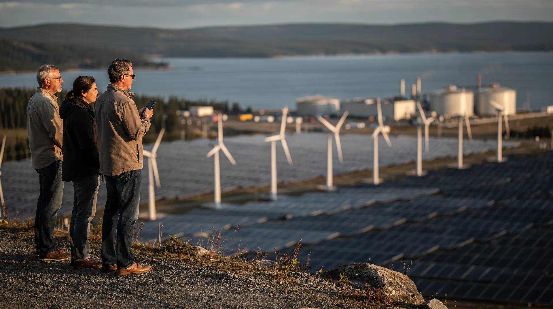 Three people stand on a hill overlooking a clean energy facility with wind turbines, solar panels, and industrial tanks by a lake.